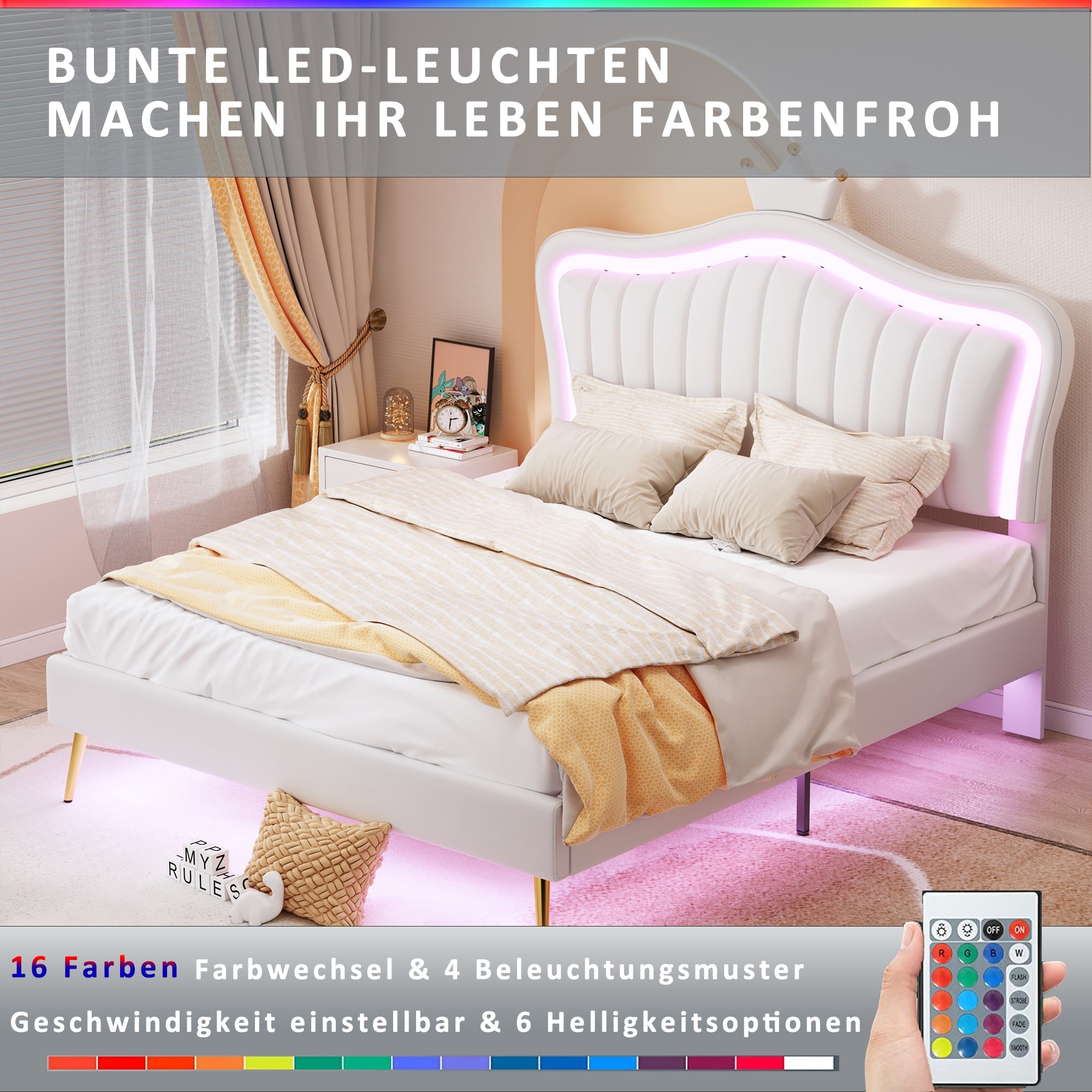 Logidon gestoffeerd bed kinderbed 140x200 LED verlichting wit