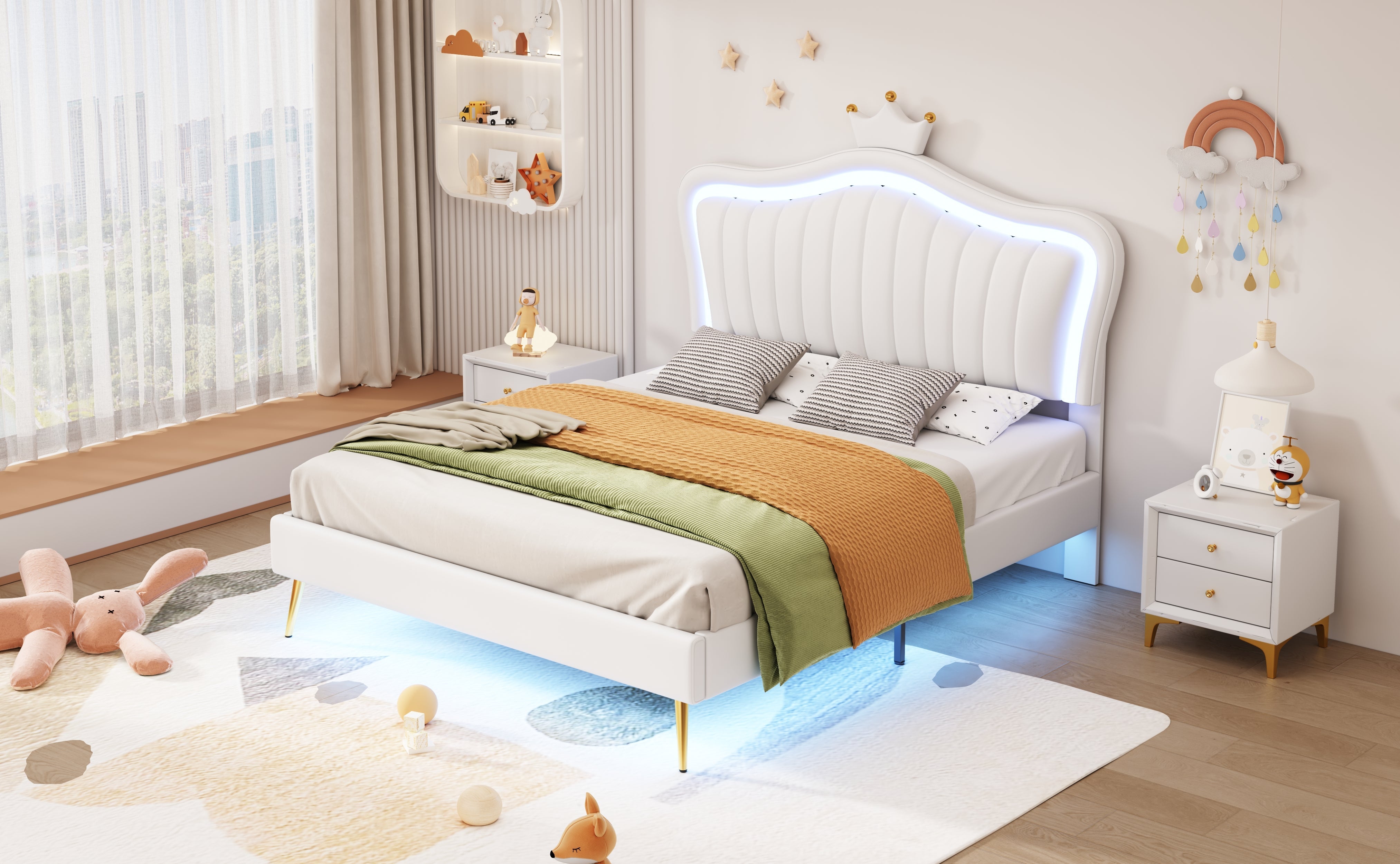 Logidon gestoffeerd bed kinderbed 140x200 LED verlichting wit