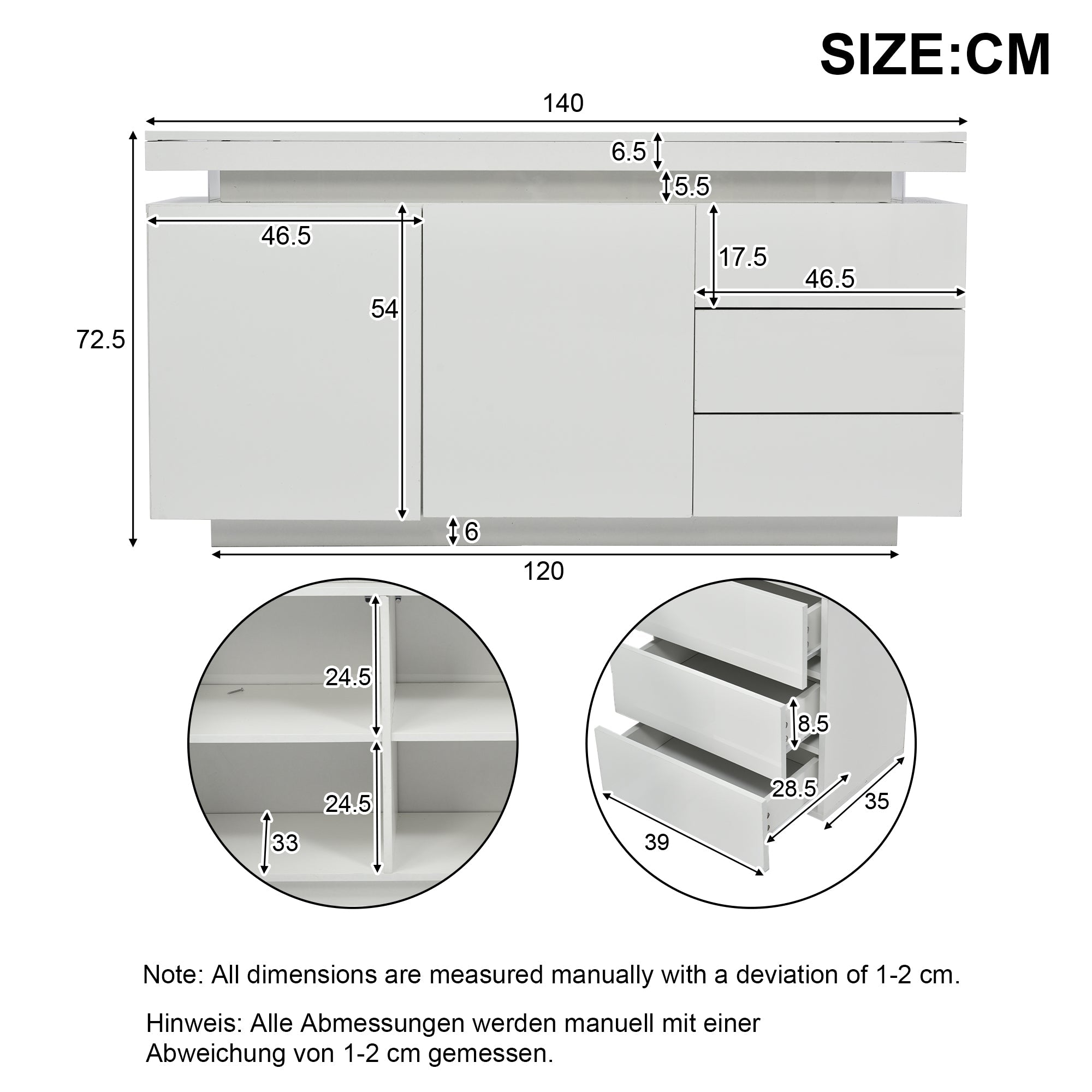 Logidon dressoir wit LED licht 140x35x72,5 cm 2 deuren 3 lades