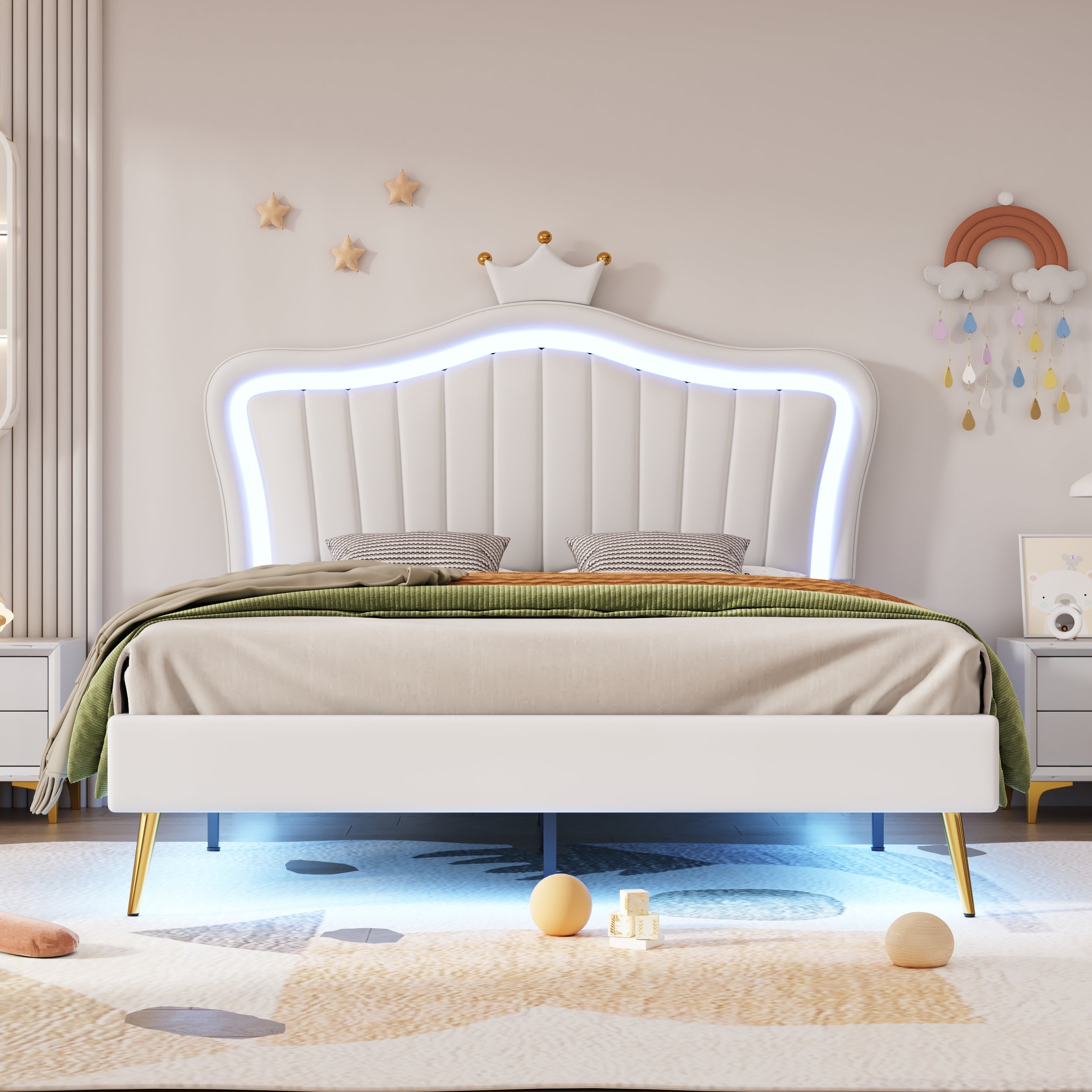 Logidon gestoffeerd bed kinderbed 140x200 LED verlichting wit