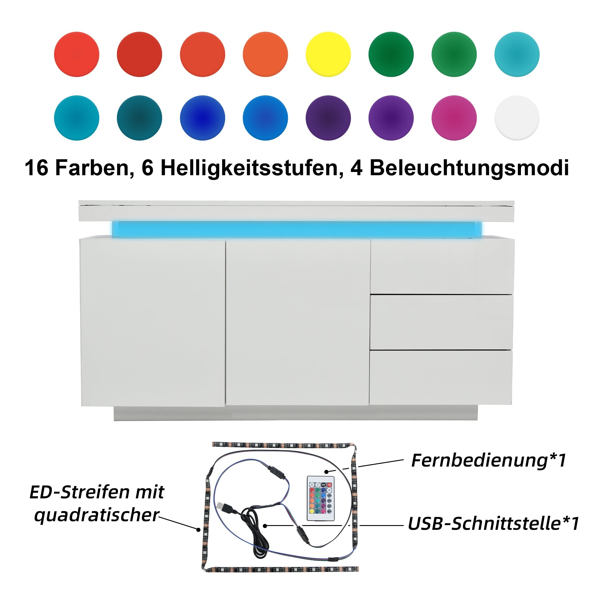 Logidon dressoir wit LED licht 140x35x72,5 cm 2 deuren 3 lades