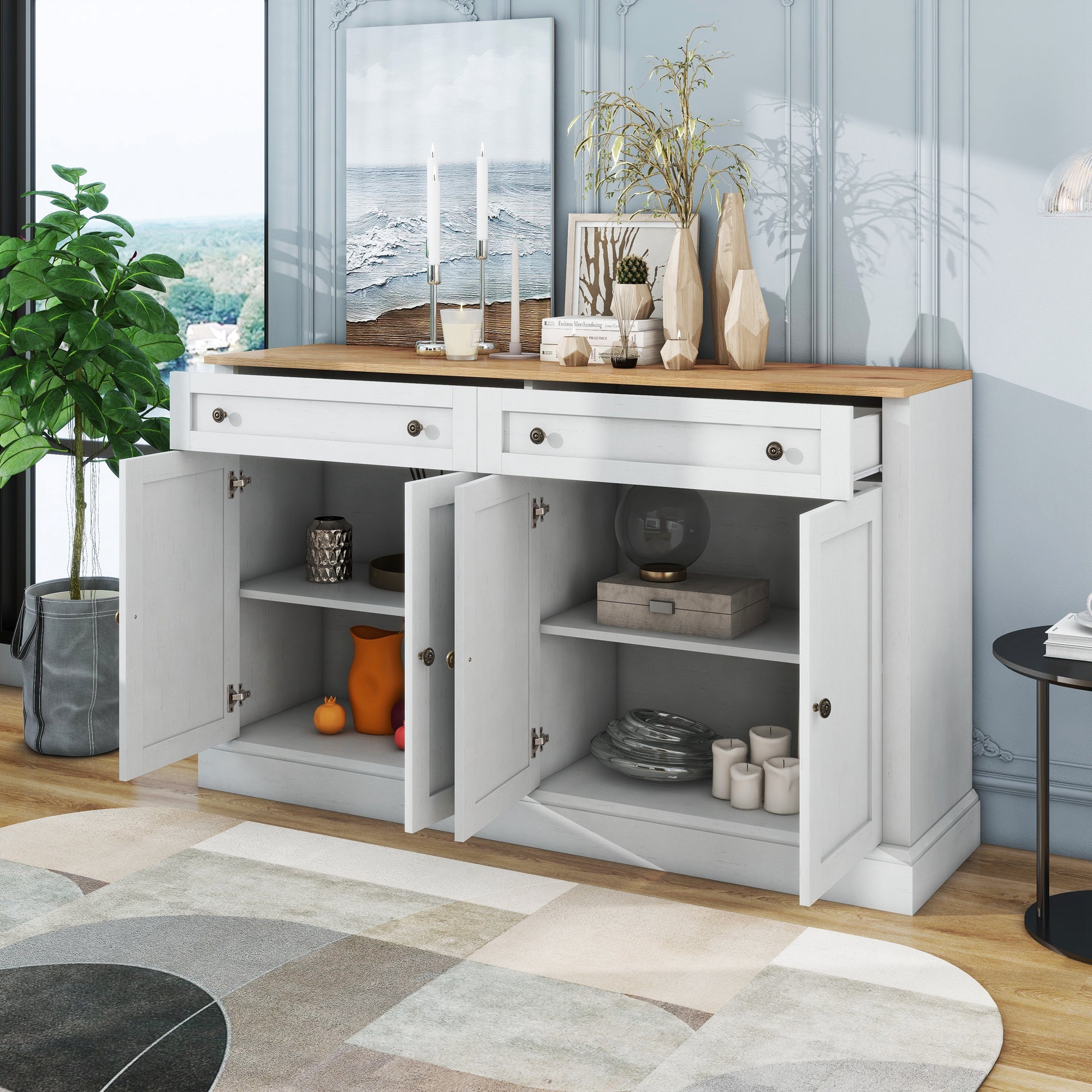Logidon dressoir antiek wit naturel hout 150x86x40 4 deuren 2 lades