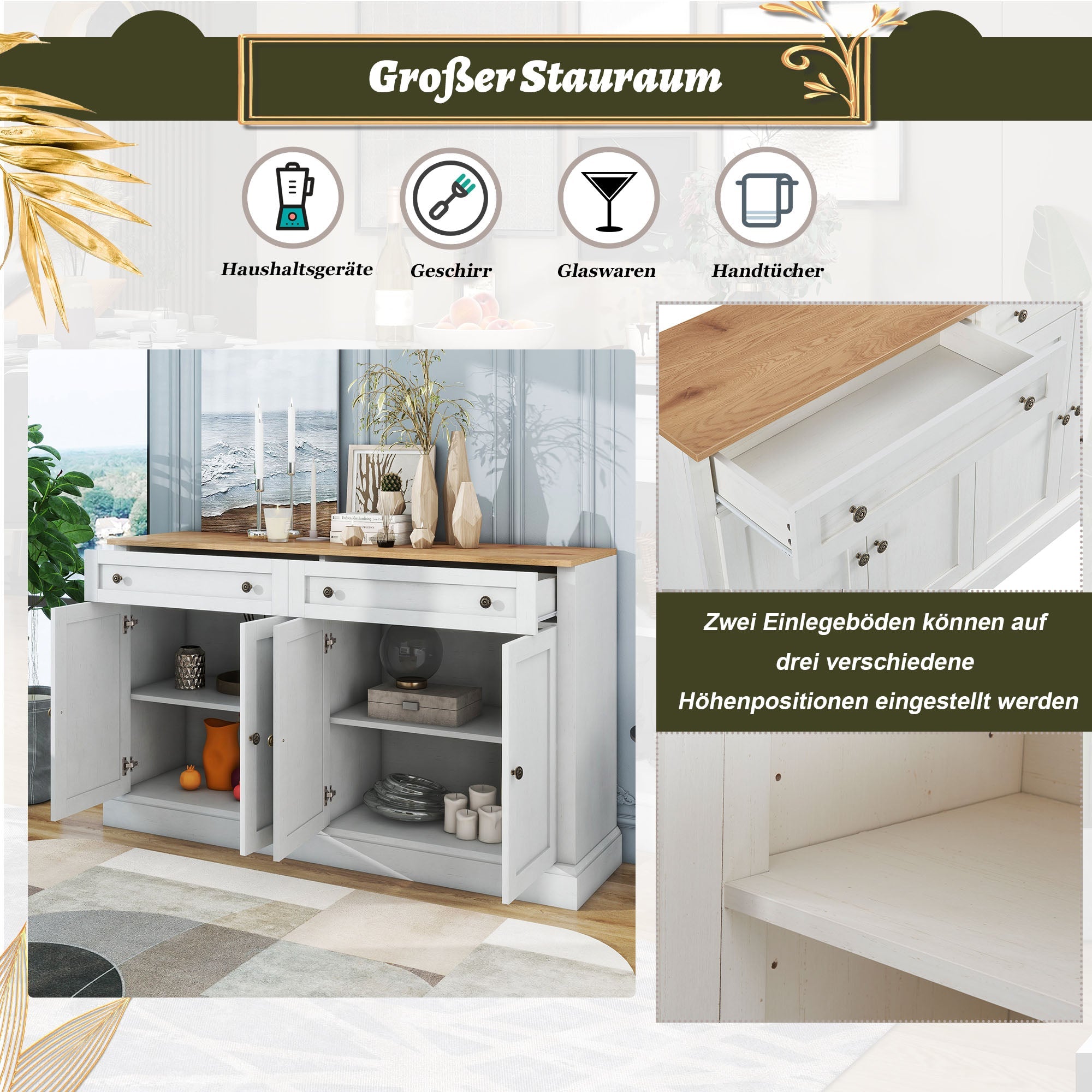 Logidon dressoir antiek wit naturel hout 150x86x40 4 deuren 2 lades