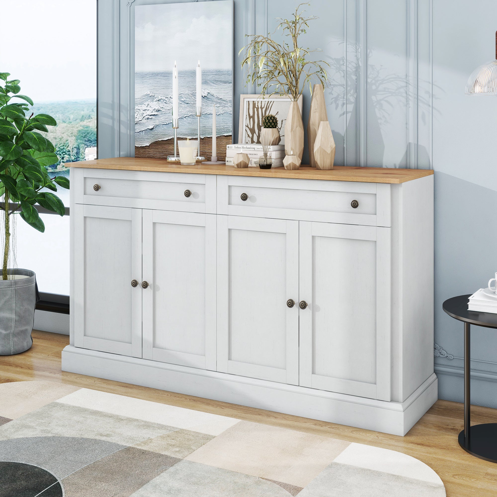 Logidon dressoir antiek wit naturel hout 150x86x40 4 deuren 2 lades