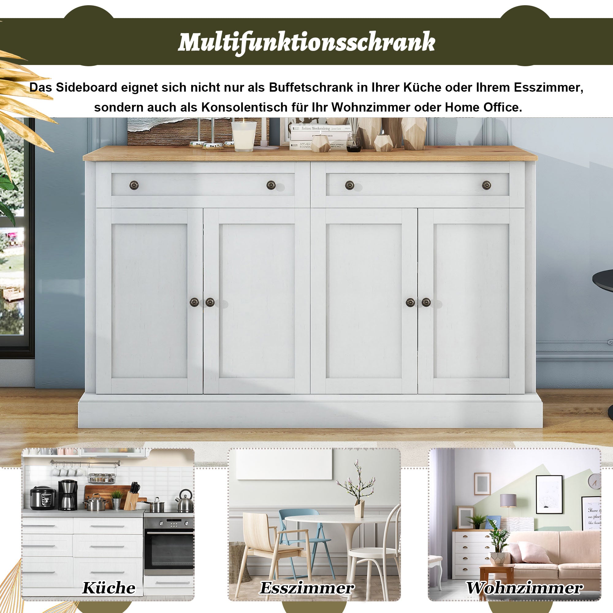 Logidon dressoir antiek wit naturel hout 150x86x40 4 deuren 2 lades