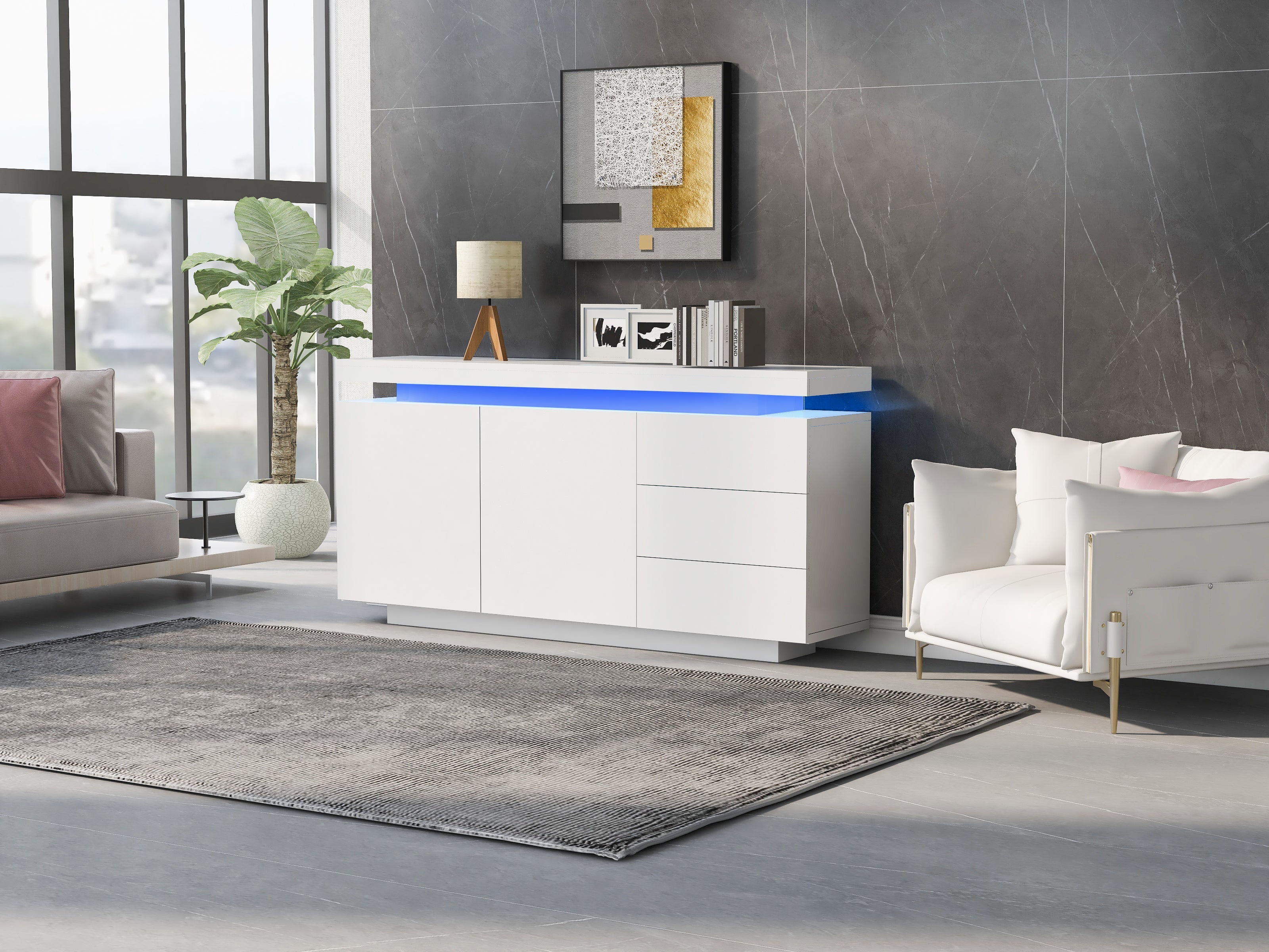 Logidon dressoir wit LED licht 140x35x72,5 cm 2 deuren 3 lades