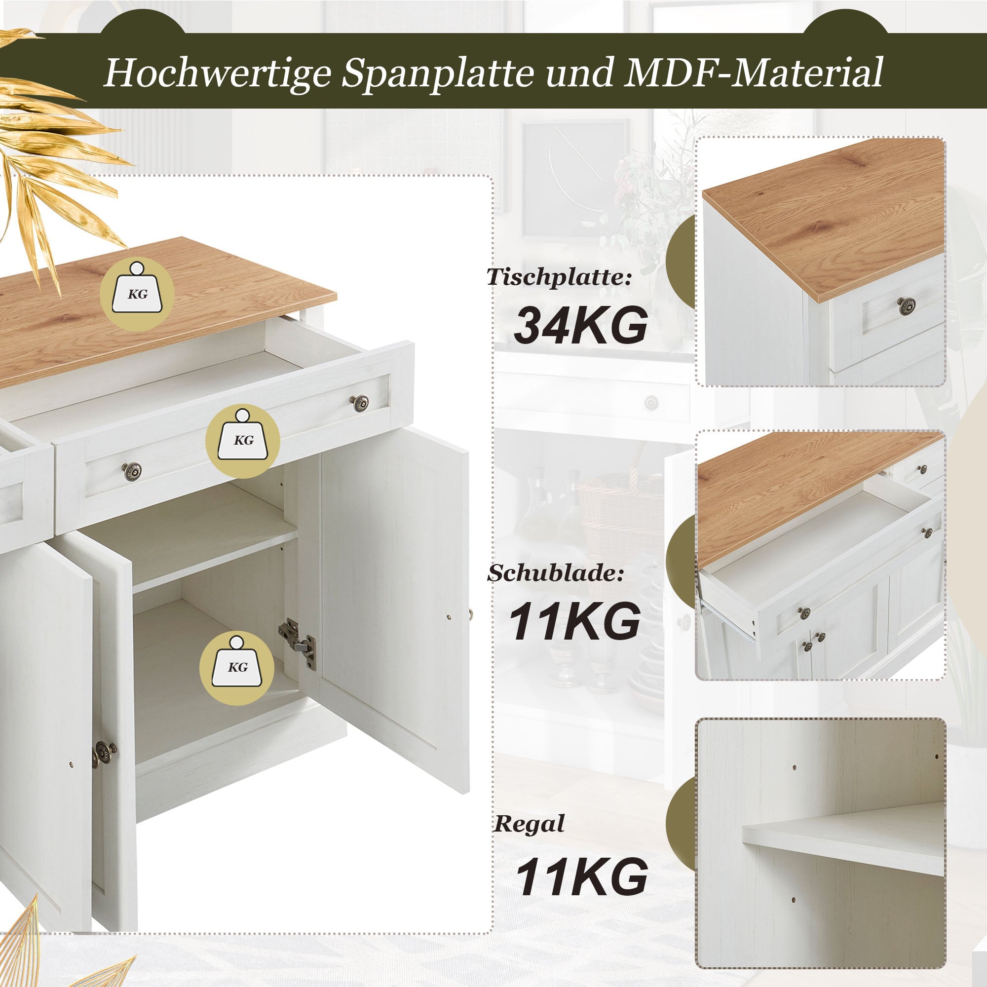 Logidon dressoir antiek wit naturel hout 150x86x40 4 deuren 2 lades