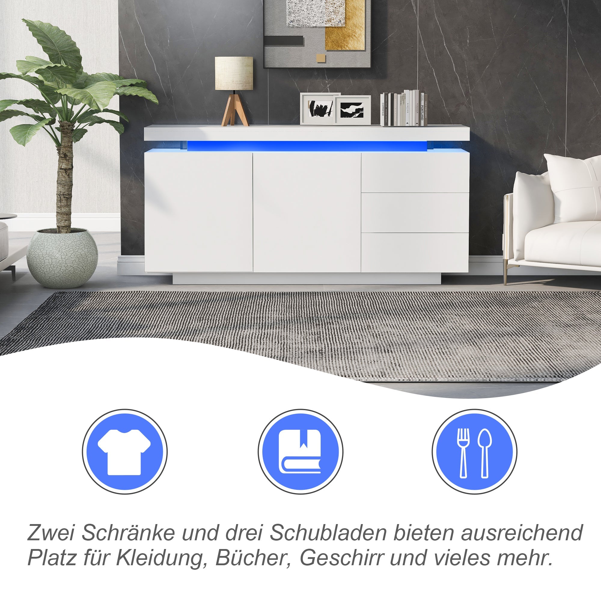 Logidon dressoir wit LED licht 140x35x72,5 cm 2 deuren 3 lades