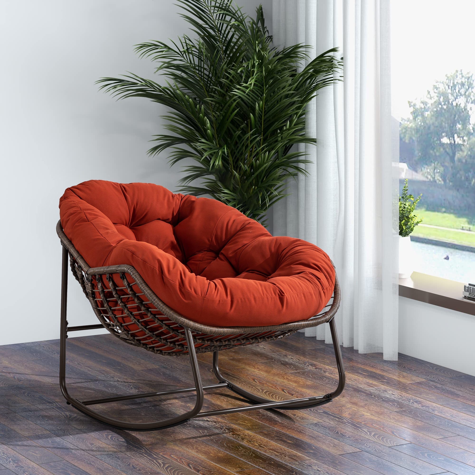 Logidon Outdoor Rotan Schommelstoel met Oranje Bekleding voor Tuin