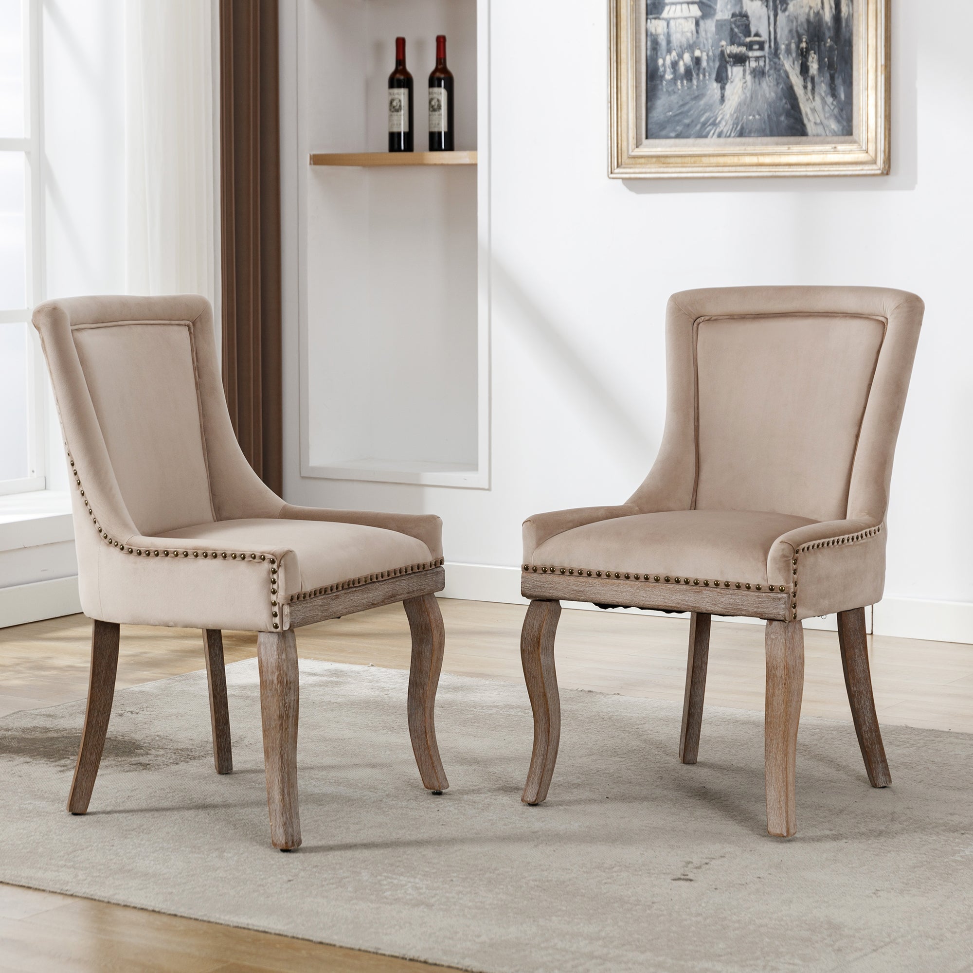 Logidon Luxe eetkamerstoel fluweelbeige spijkerkopafwerking set van 2