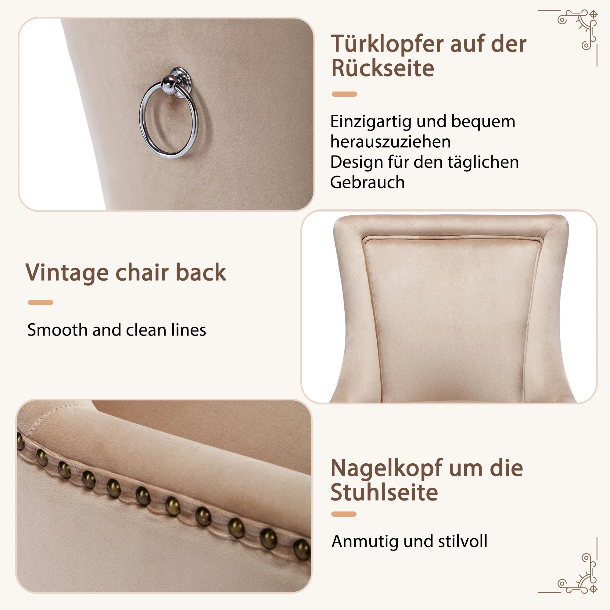 Logidon Luxe eetkamerstoel fluweelbeige spijkerkopafwerking set van 2