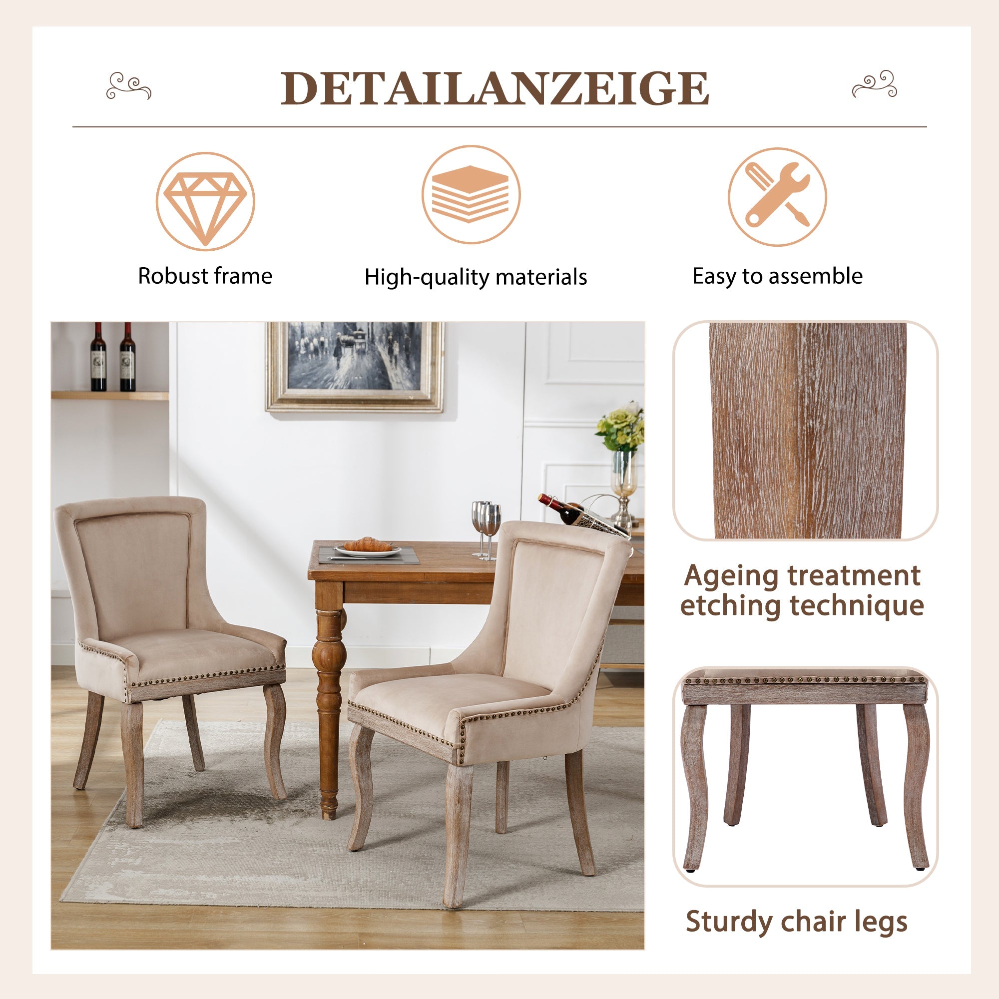 Logidon Luxe eetkamerstoel fluweelbeige spijkerkopafwerking set van 2