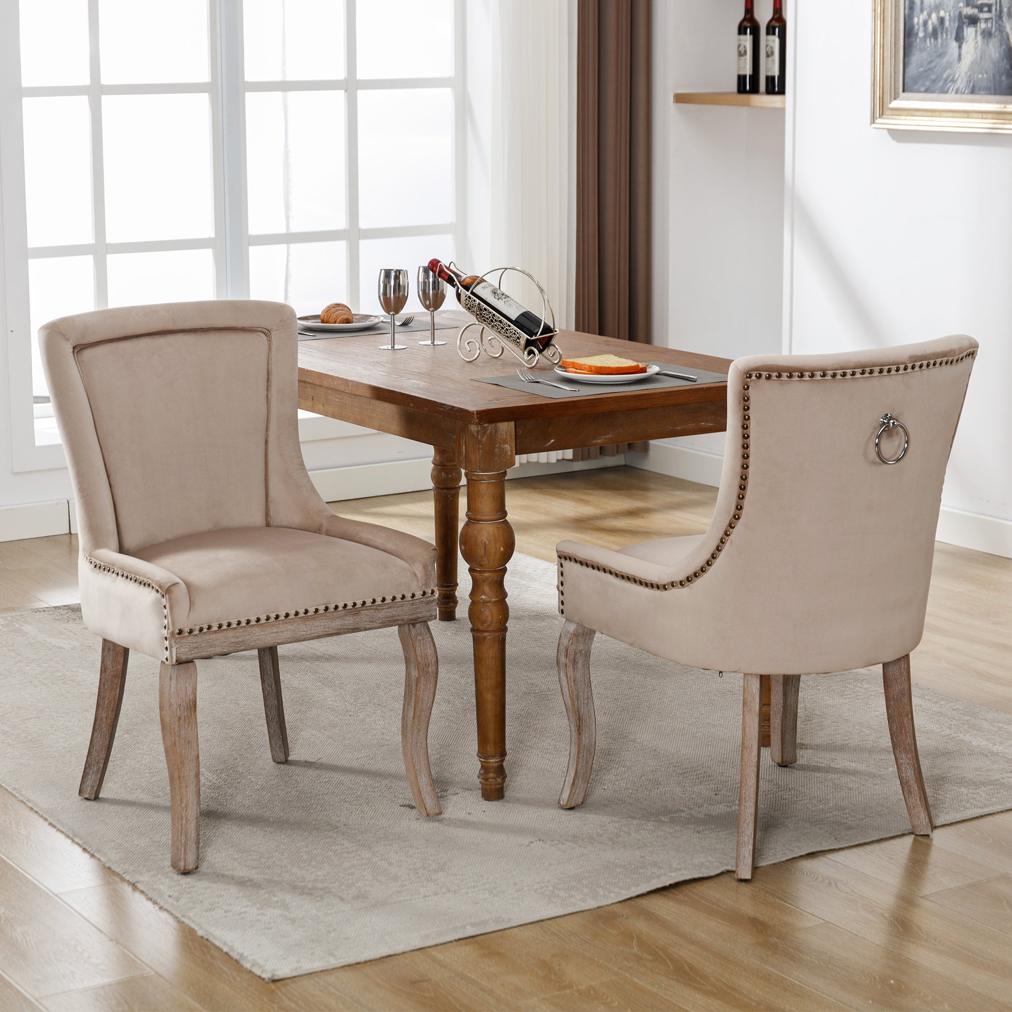 Logidon Luxe eetkamerstoel fluweelbeige spijkerkopafwerking set van 2
