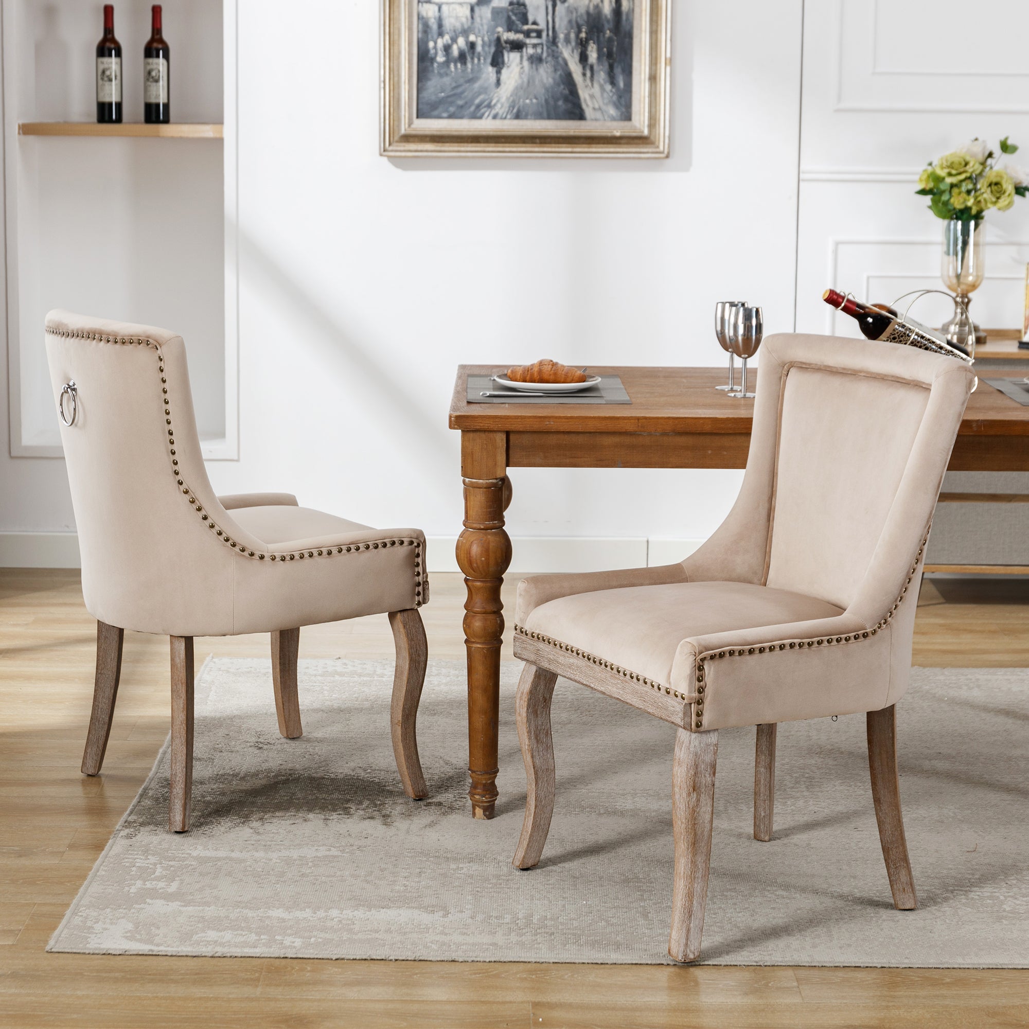 Logidon Luxe eetkamerstoel fluweelbeige spijkerkopafwerking set van 2
