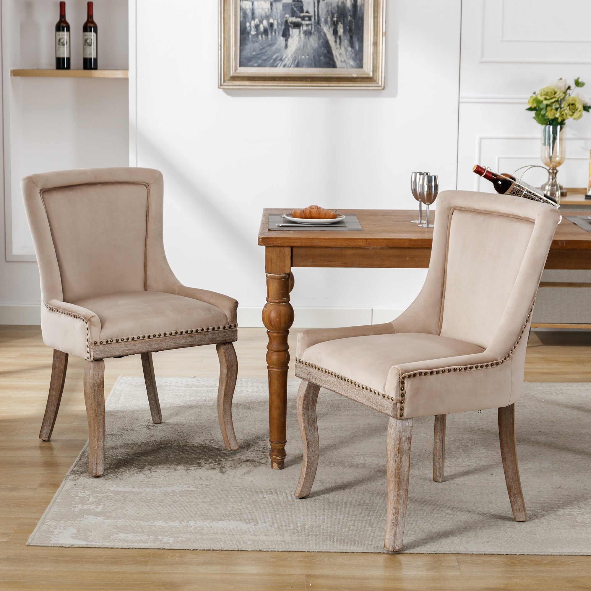 Logidon Luxe eetkamerstoel fluweelbeige spijkerkopafwerking set van 2