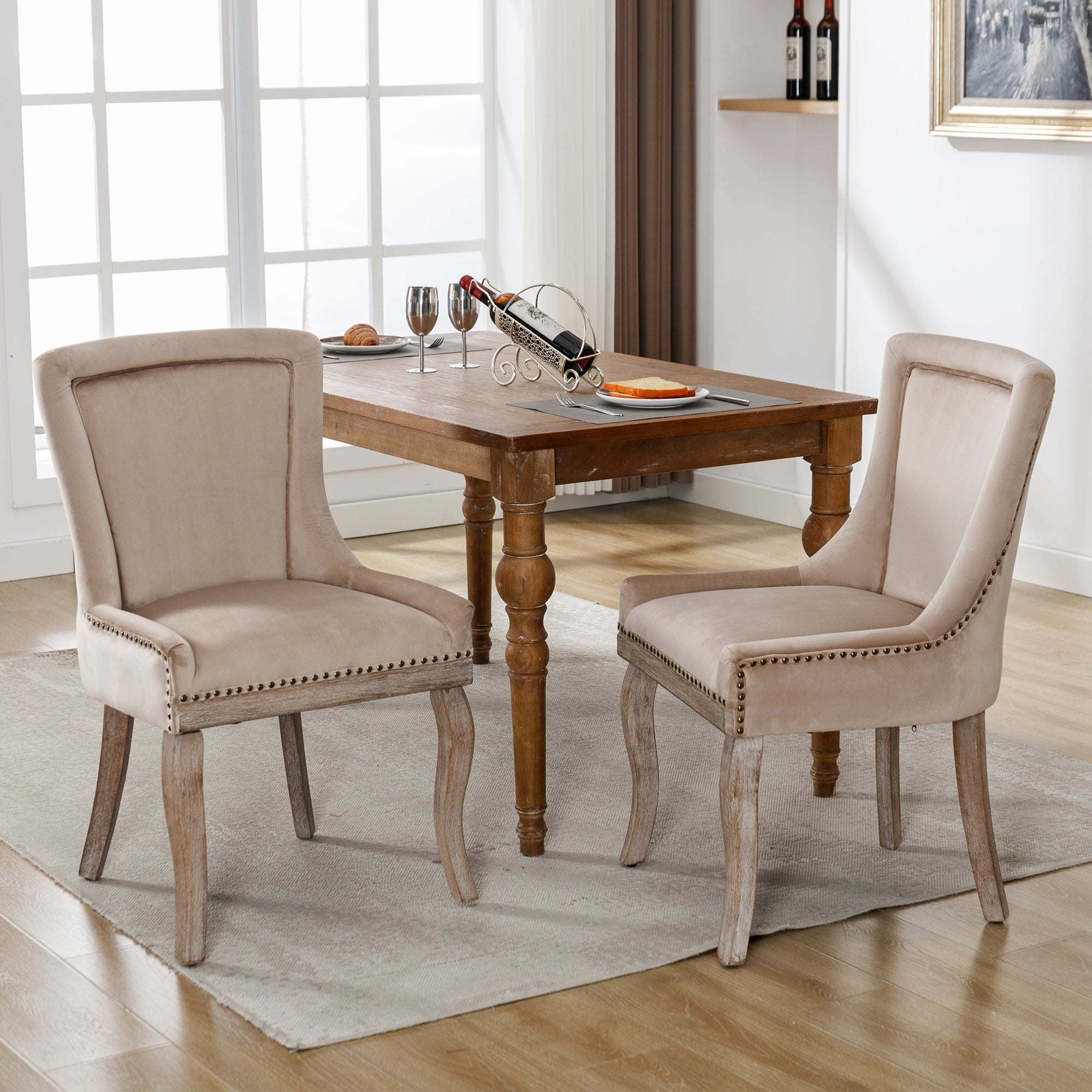 Logidon Luxe eetkamerstoel fluweelbeige spijkerkopafwerking set van 2