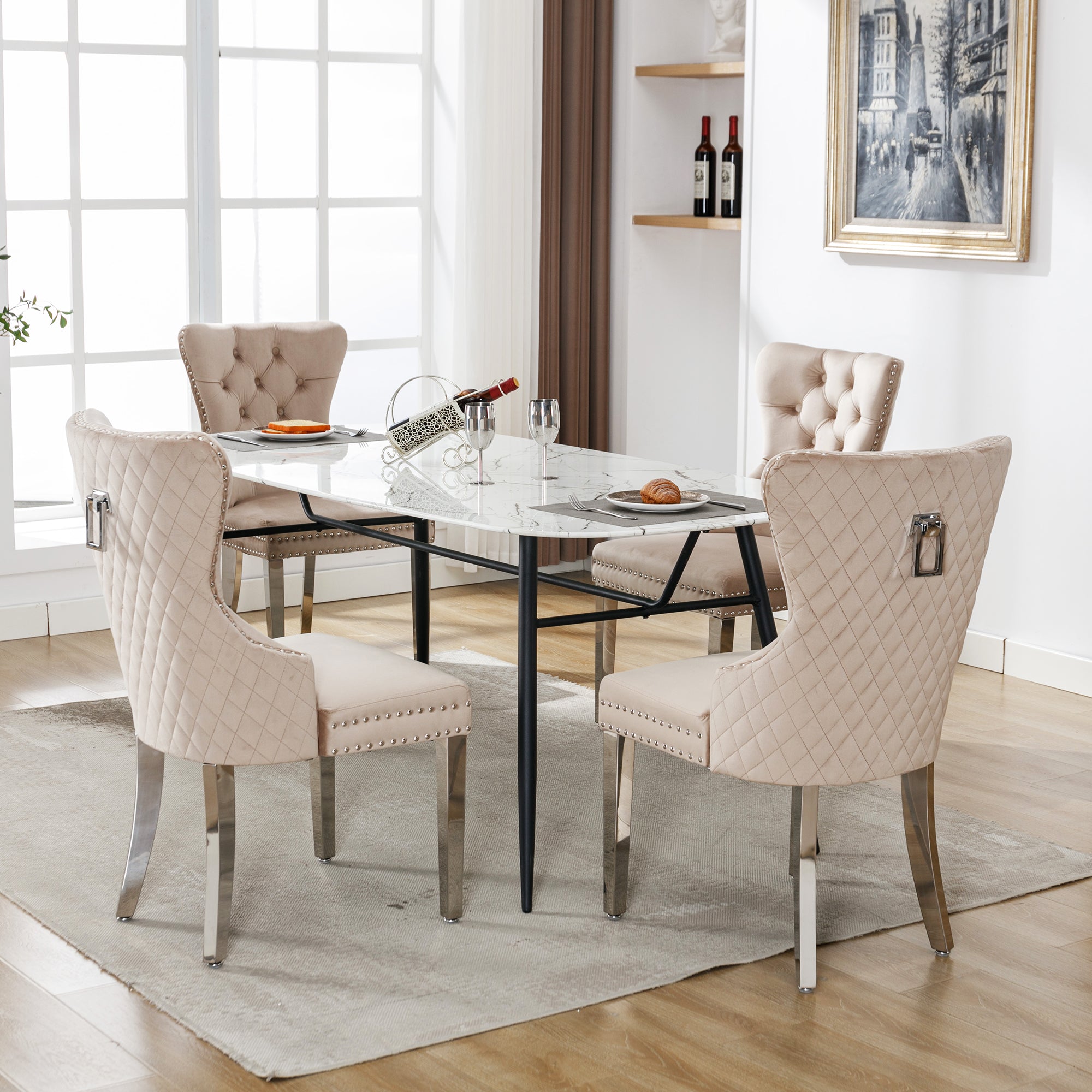 Logidon Dining Chair Beige Velvet With Door Knocker Set of 4