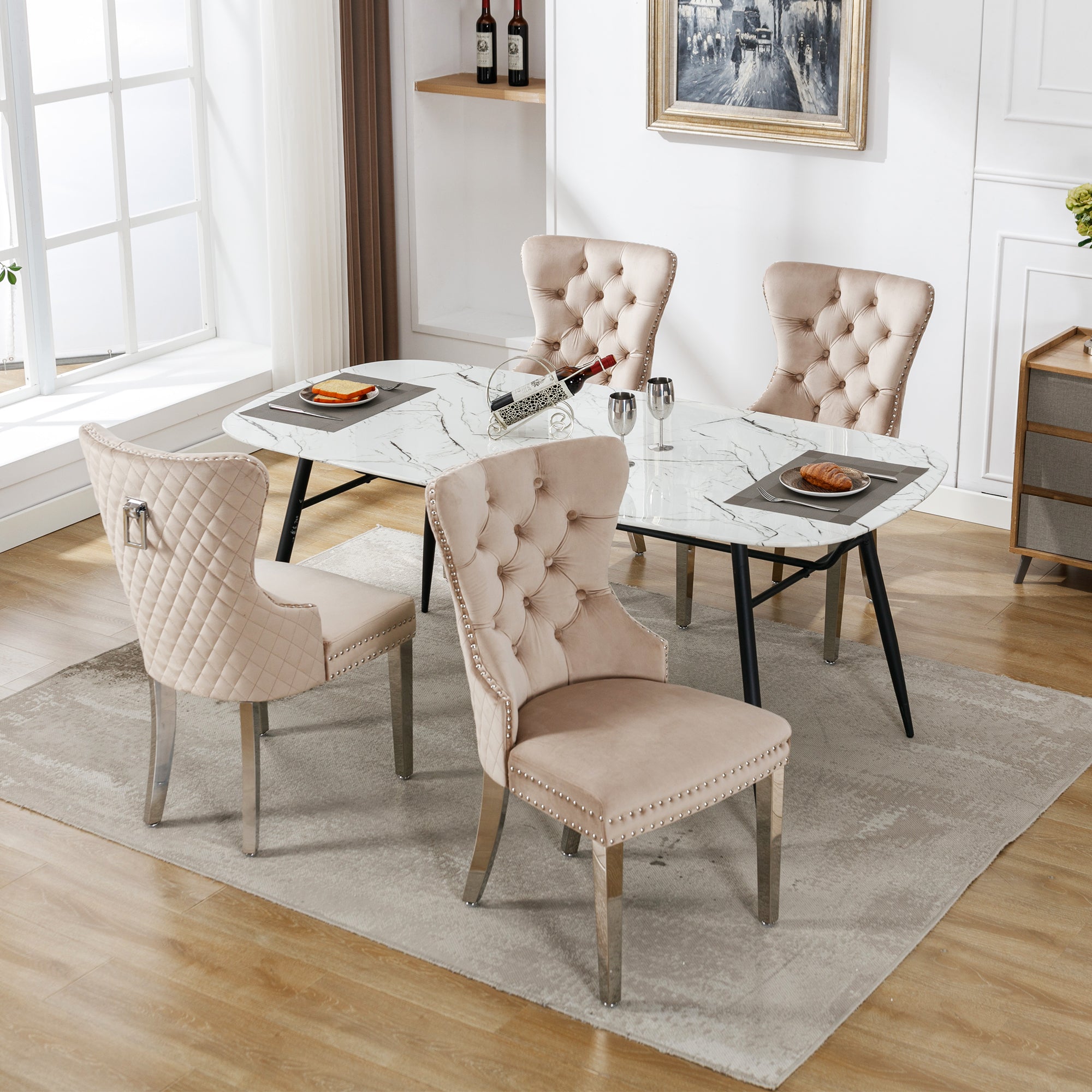 Logidon Eetkamerstoel Beige Fluweel Met Deurklopper Set van 4