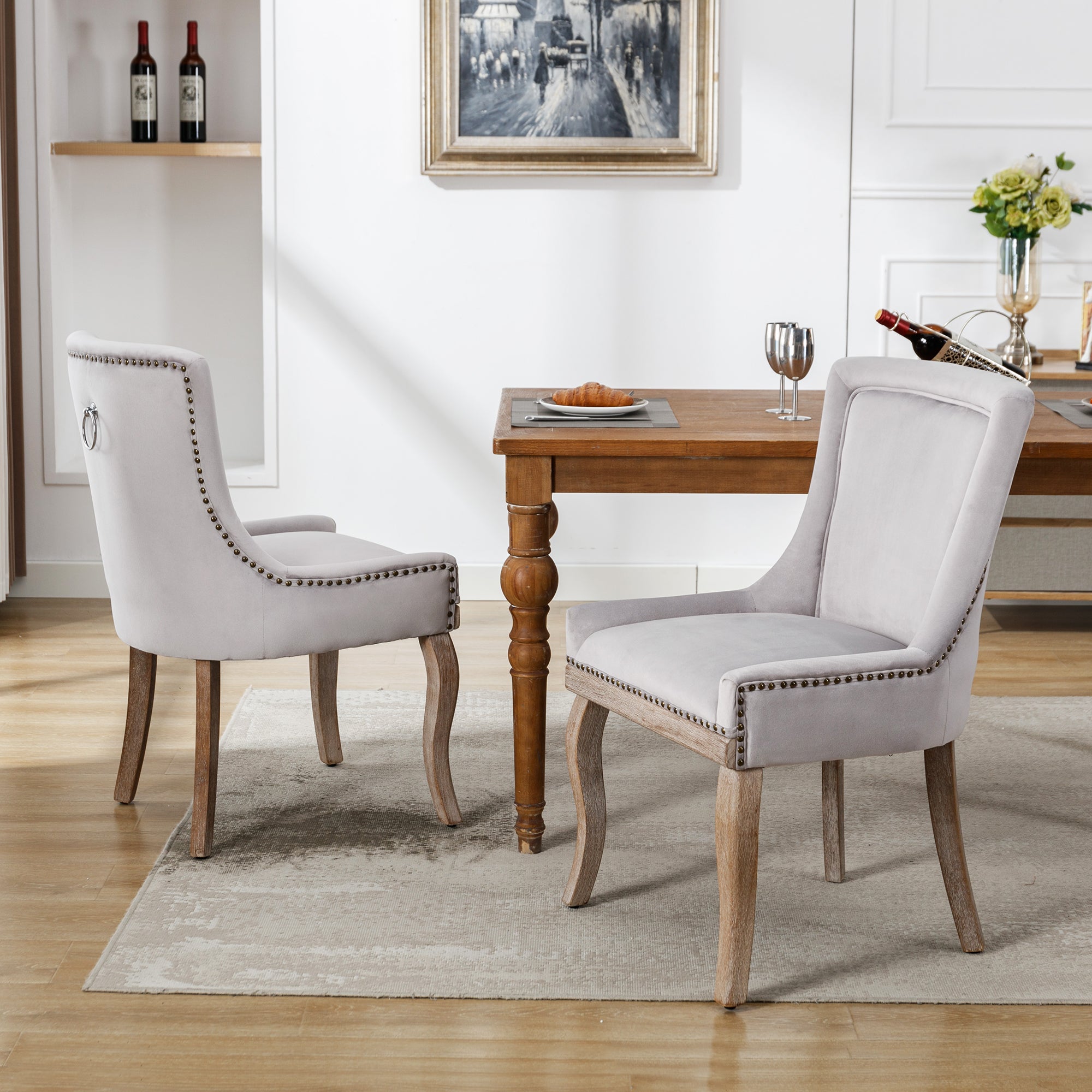 Logidon Luxury Velvet Dining Chair Gray Set of 2 Nail Head Trim