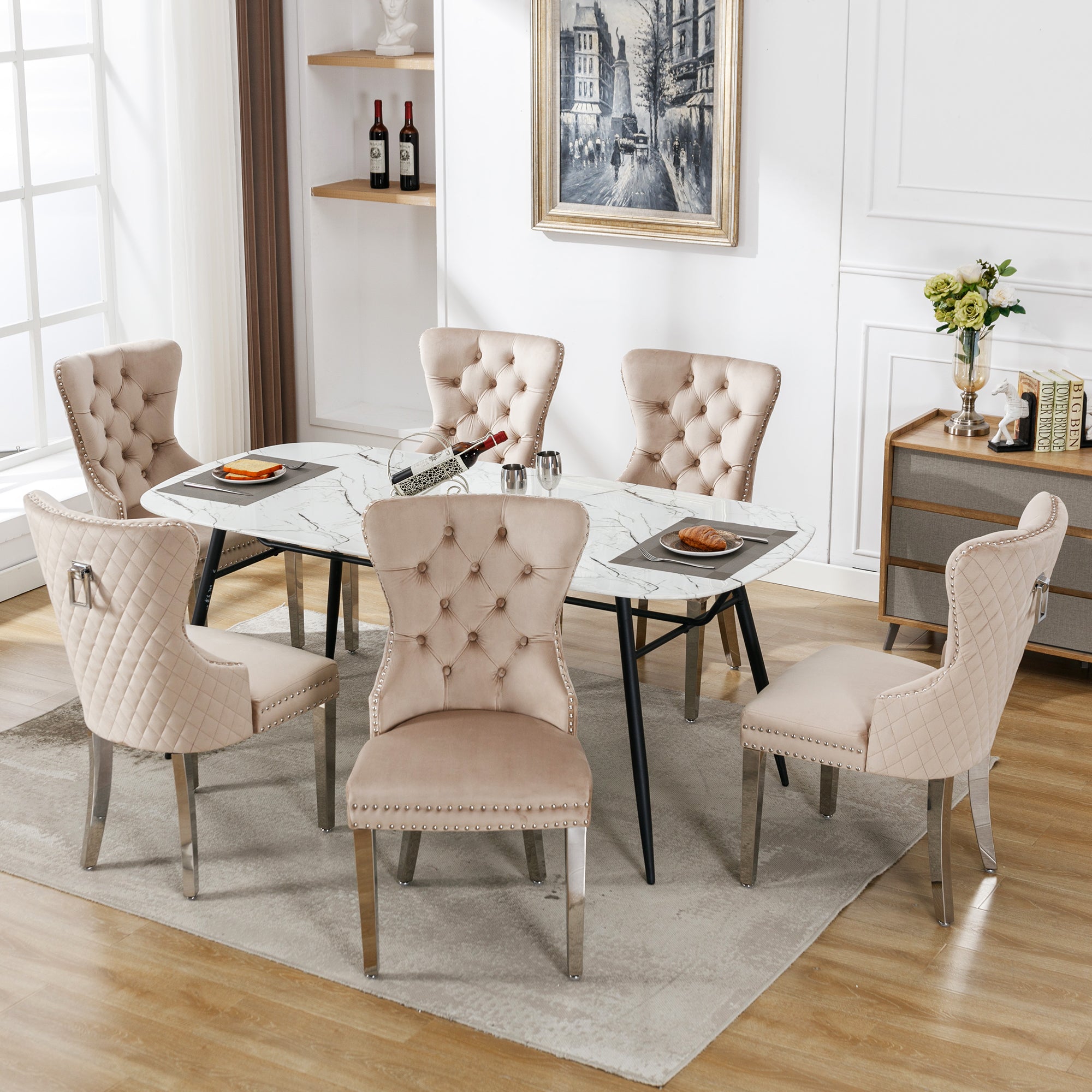 Logidon dining room chair beige velvet upholstered chair with door knocker, set of 6