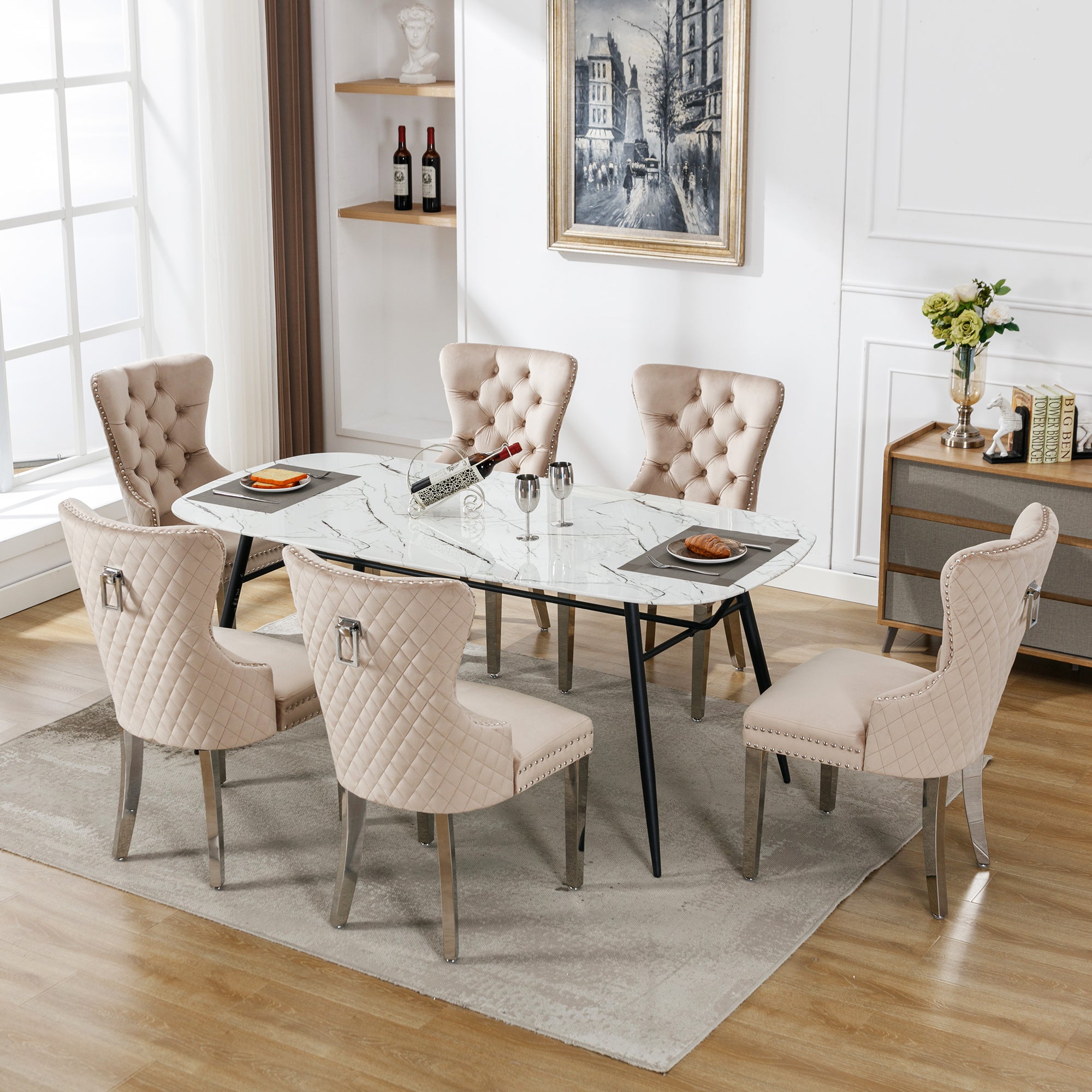 Logidon dining room chair beige velvet upholstered chair with door knocker, set of 6