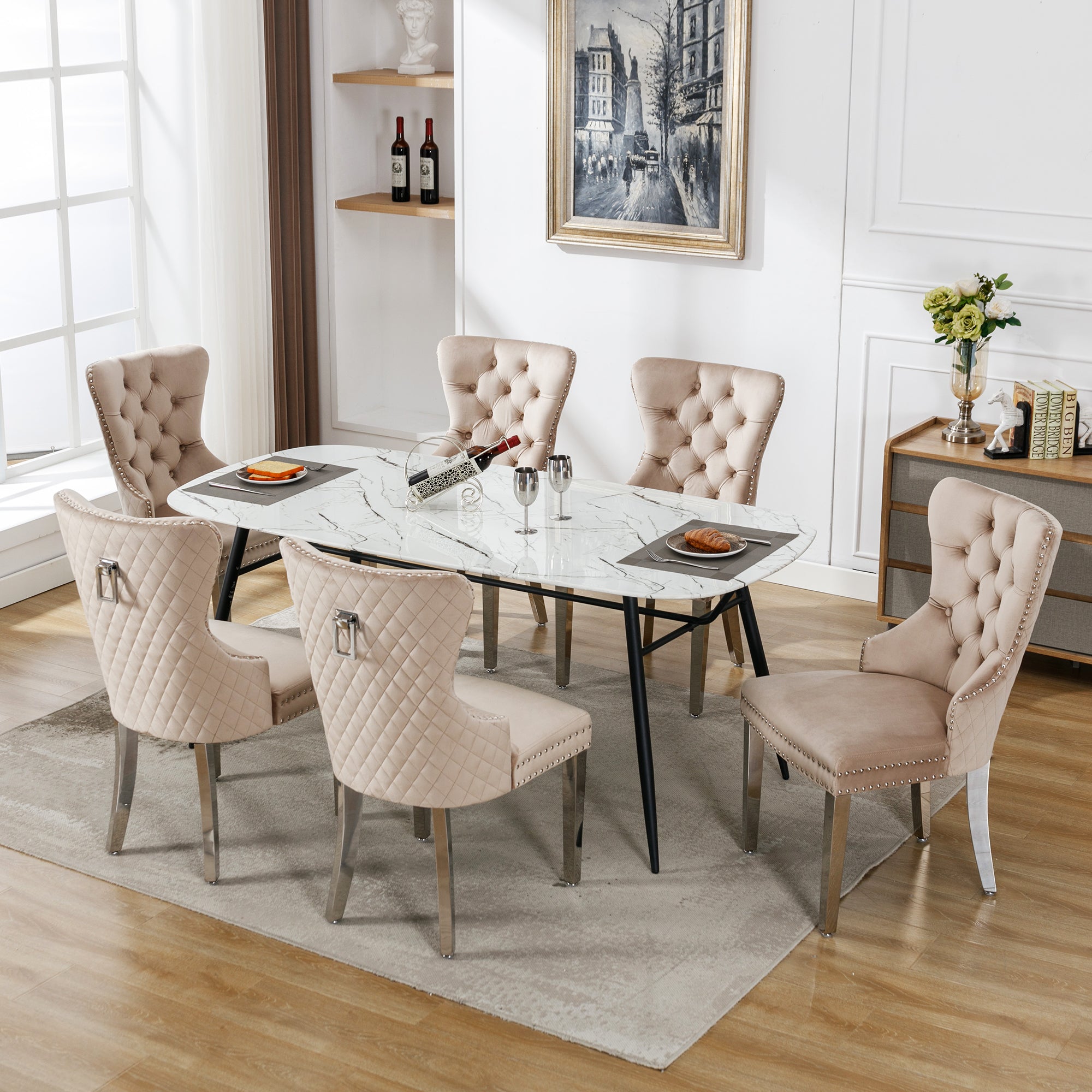 Logidon dining room chair beige velvet upholstered chair with door knocker, set of 6