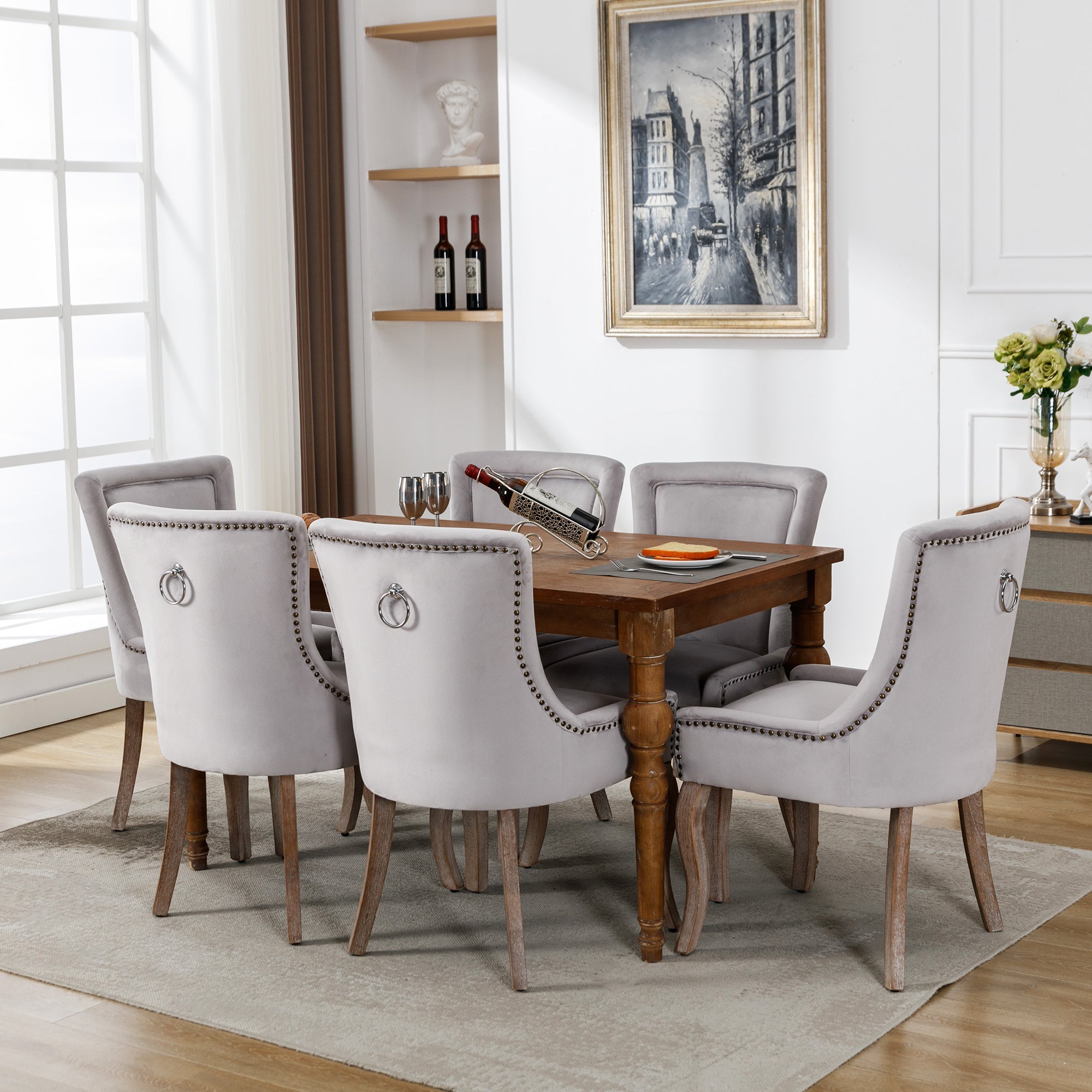 Logidon Luxury Dining Chair Gray Velvet Set of 4 Solid Wood Legs