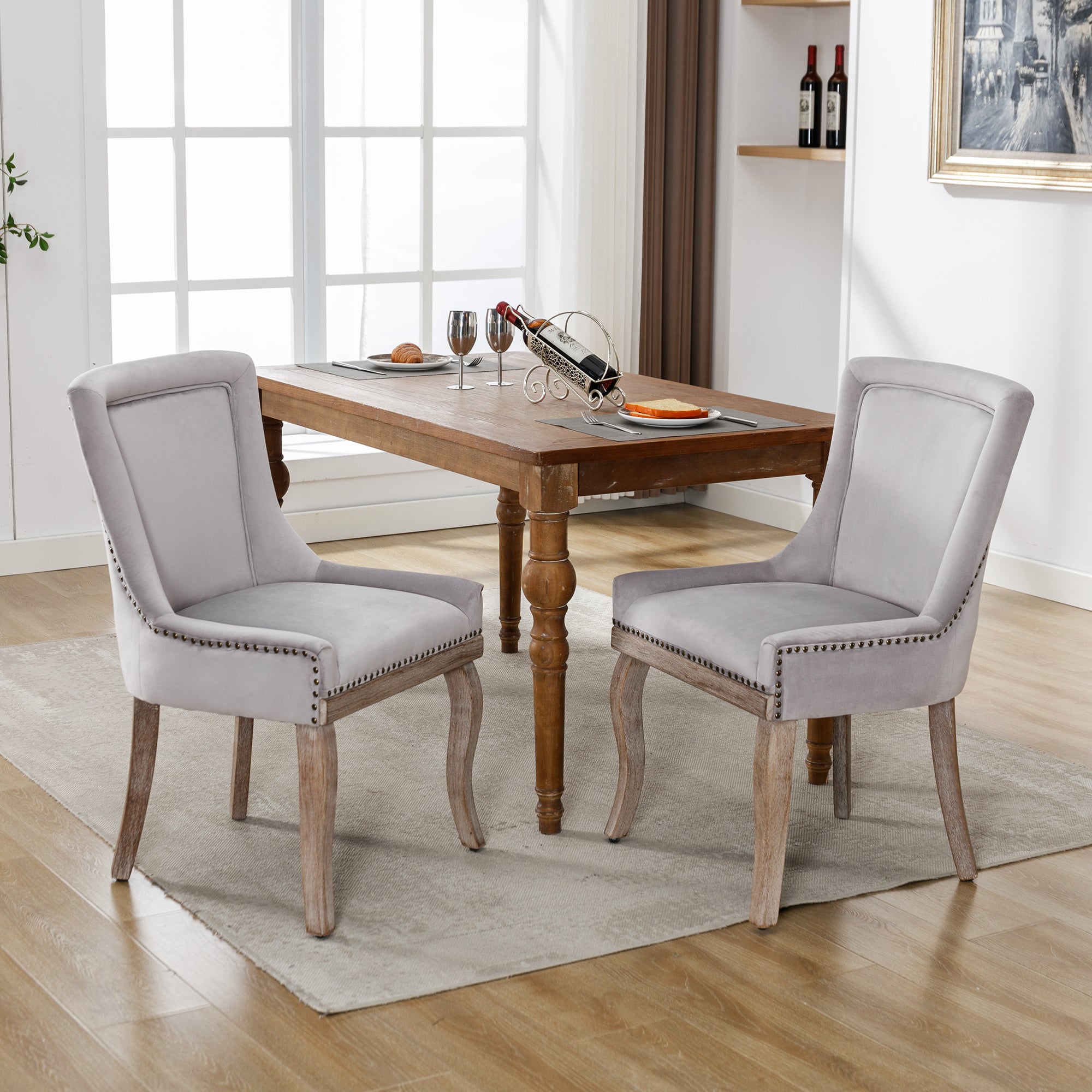 Logidon Luxury Velvet Dining Chair Gray Set of 2 Nail Head Trim