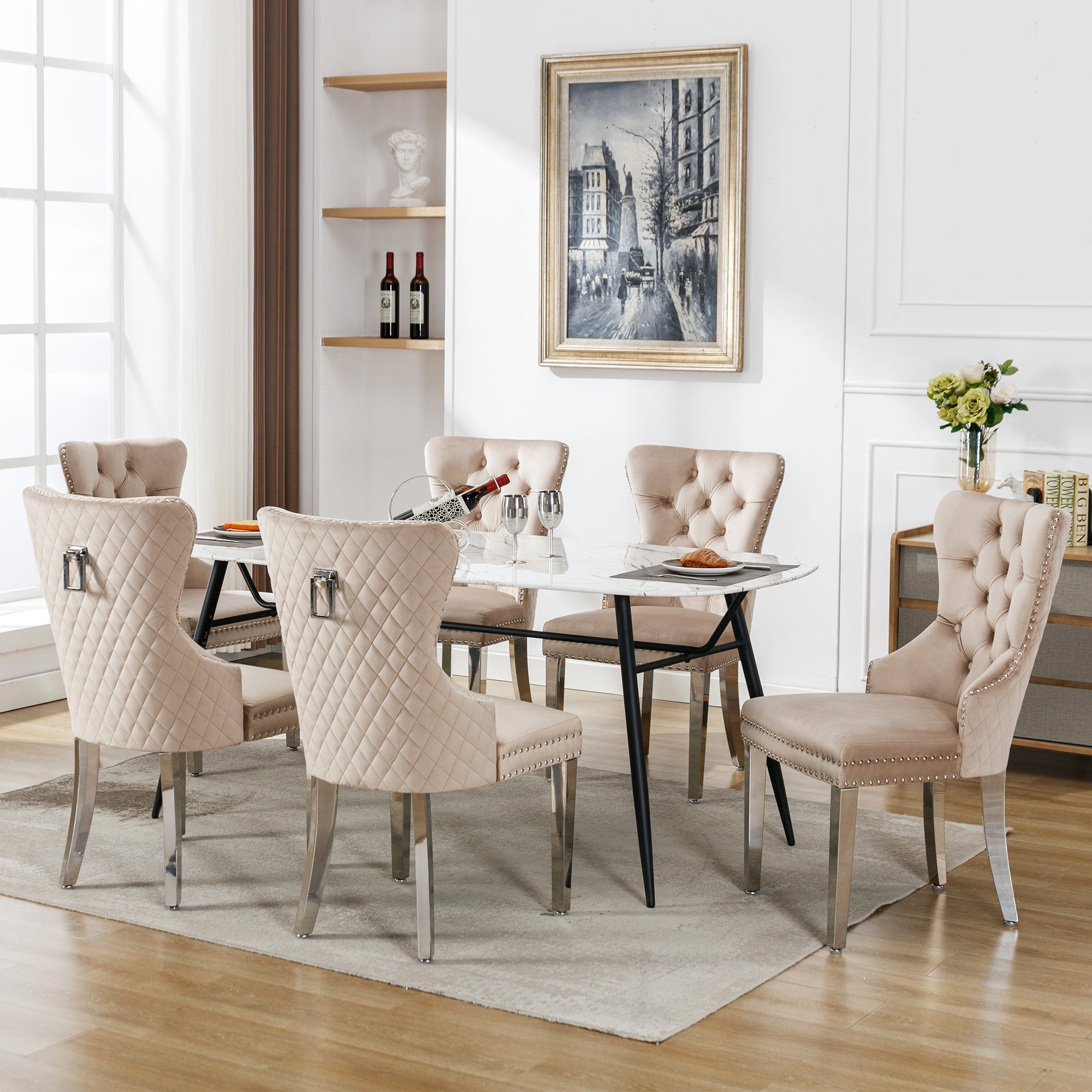 Logidon dining room chair beige velvet upholstered chair with door knocker, set of 6