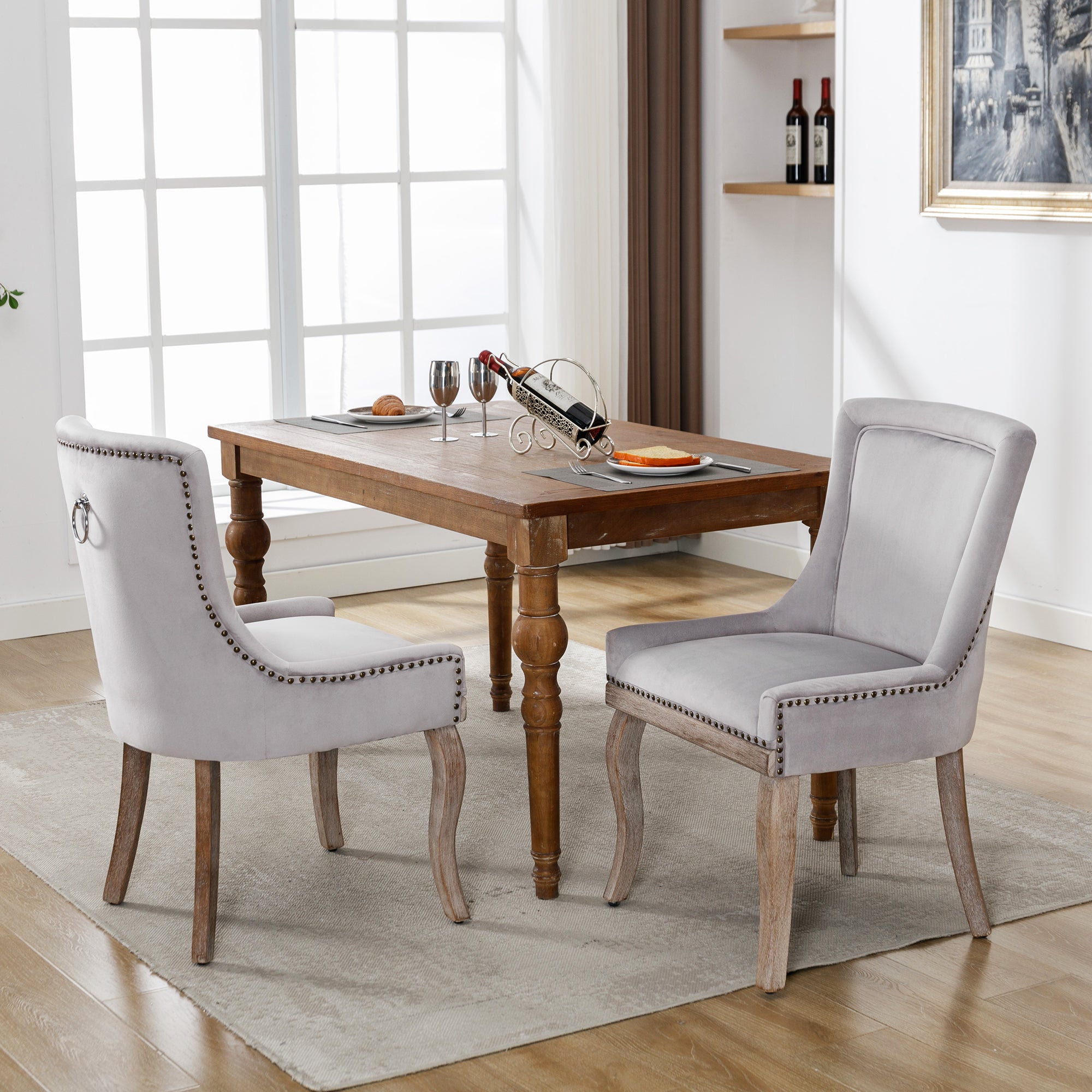 Logidon Luxury Velvet Dining Chair Gray Set of 2 Nail Head Trim