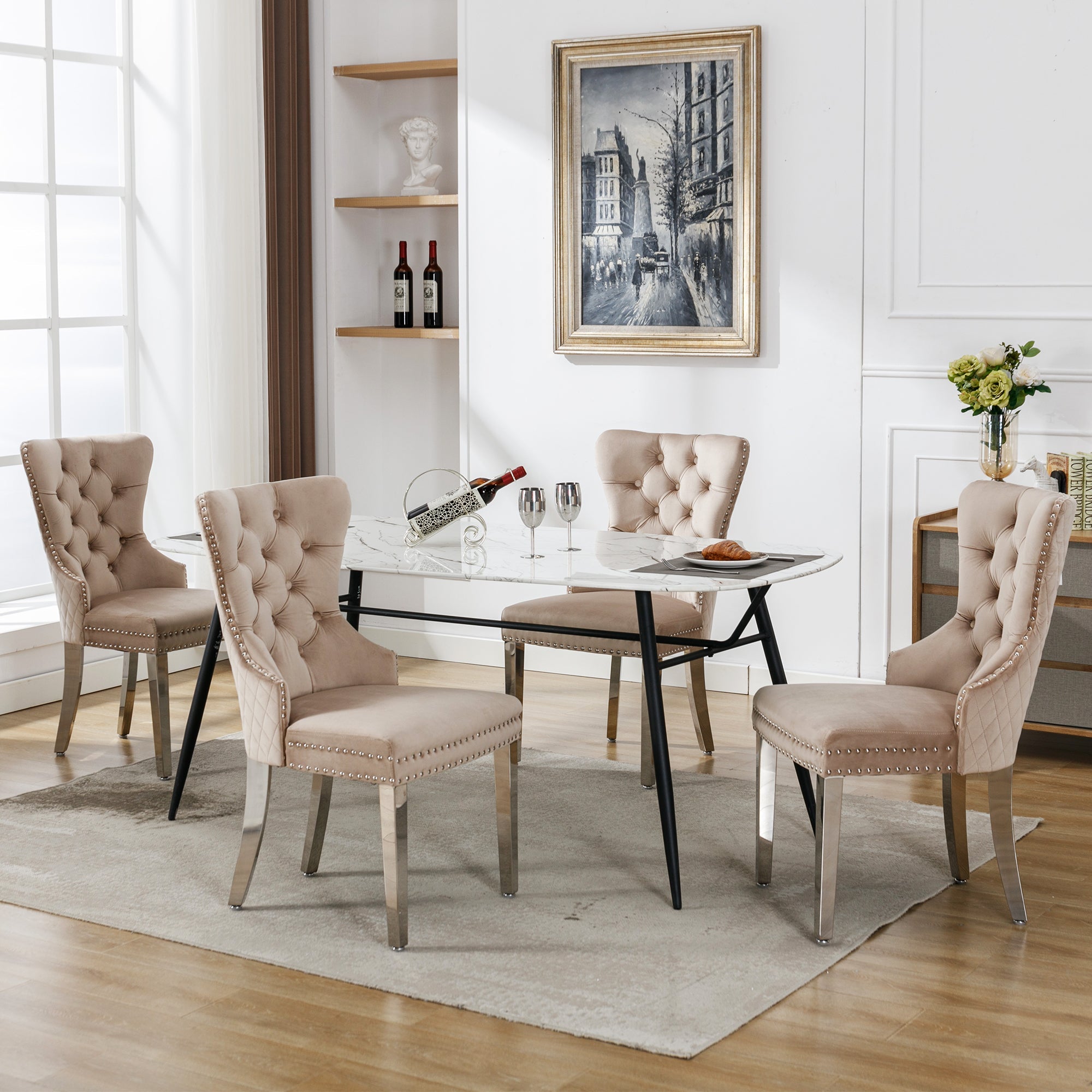 Logidon Eetkamerstoel Beige Fluweel Met Deurklopper Set van 4