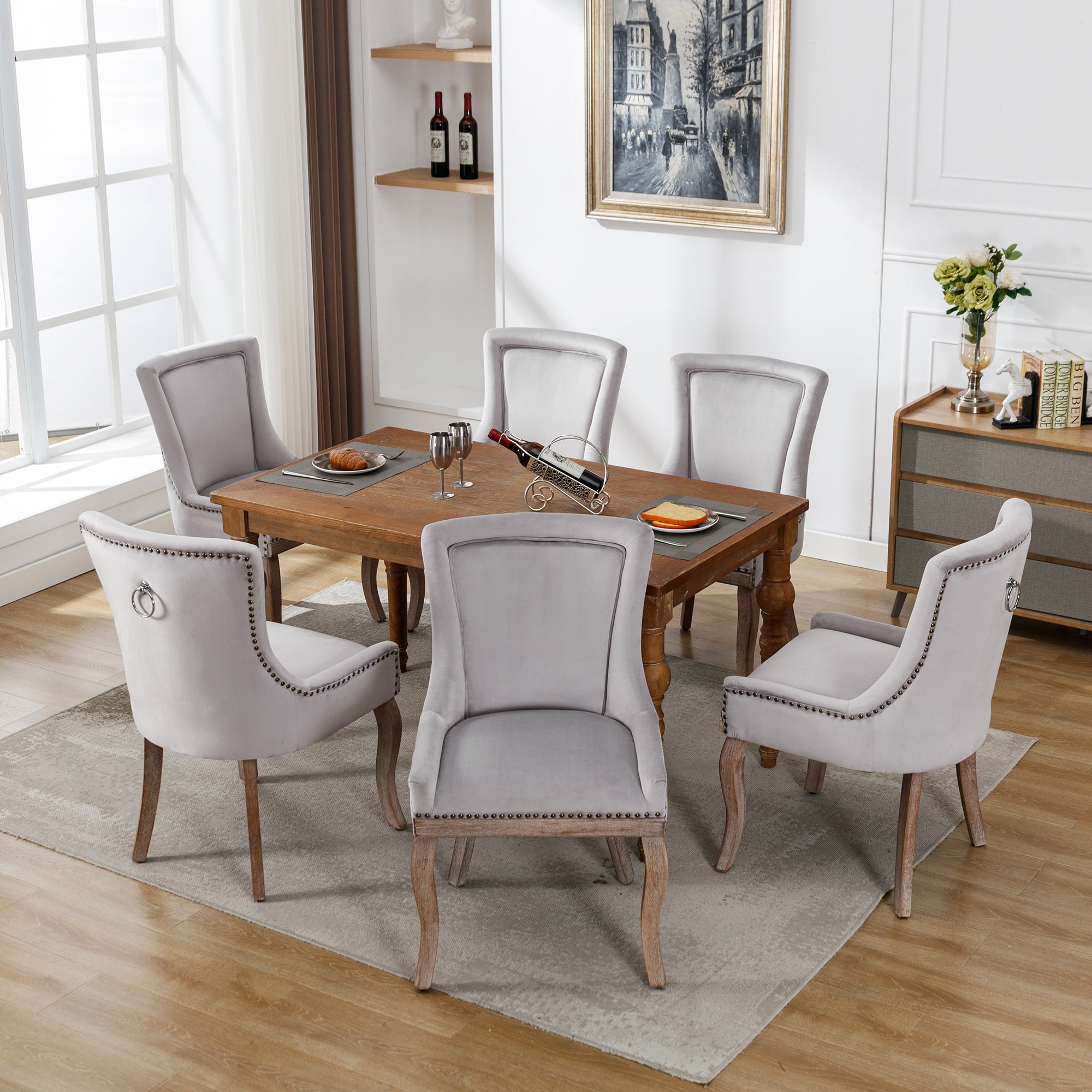 Logidon Luxury Dining Chair Gray Velvet Set of 4 Solid Wood Legs