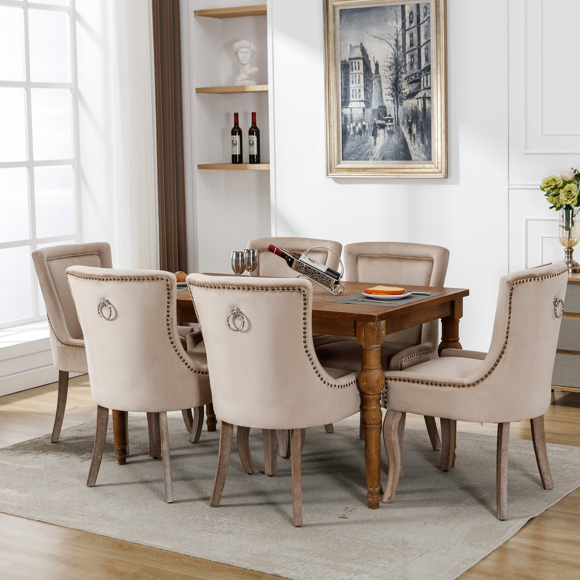 Logidon luxe fluwelen eetkamerstoelen set van 6 met beige spijkerkopafwerking