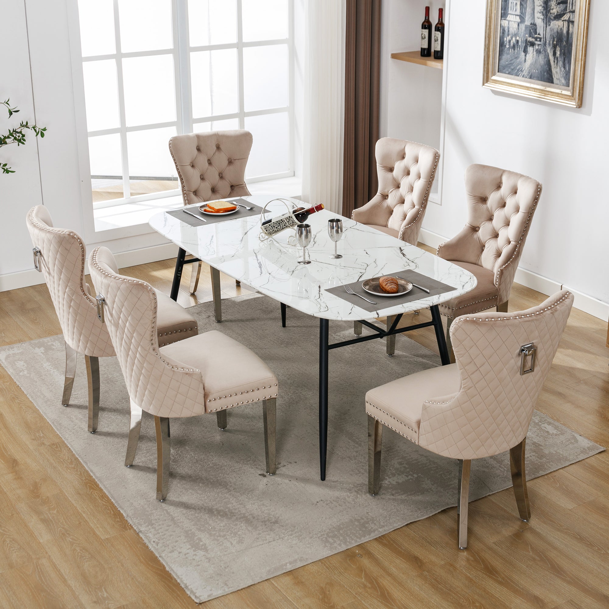 Logidon dining room chair beige velvet upholstered chair with door knocker, set of 6