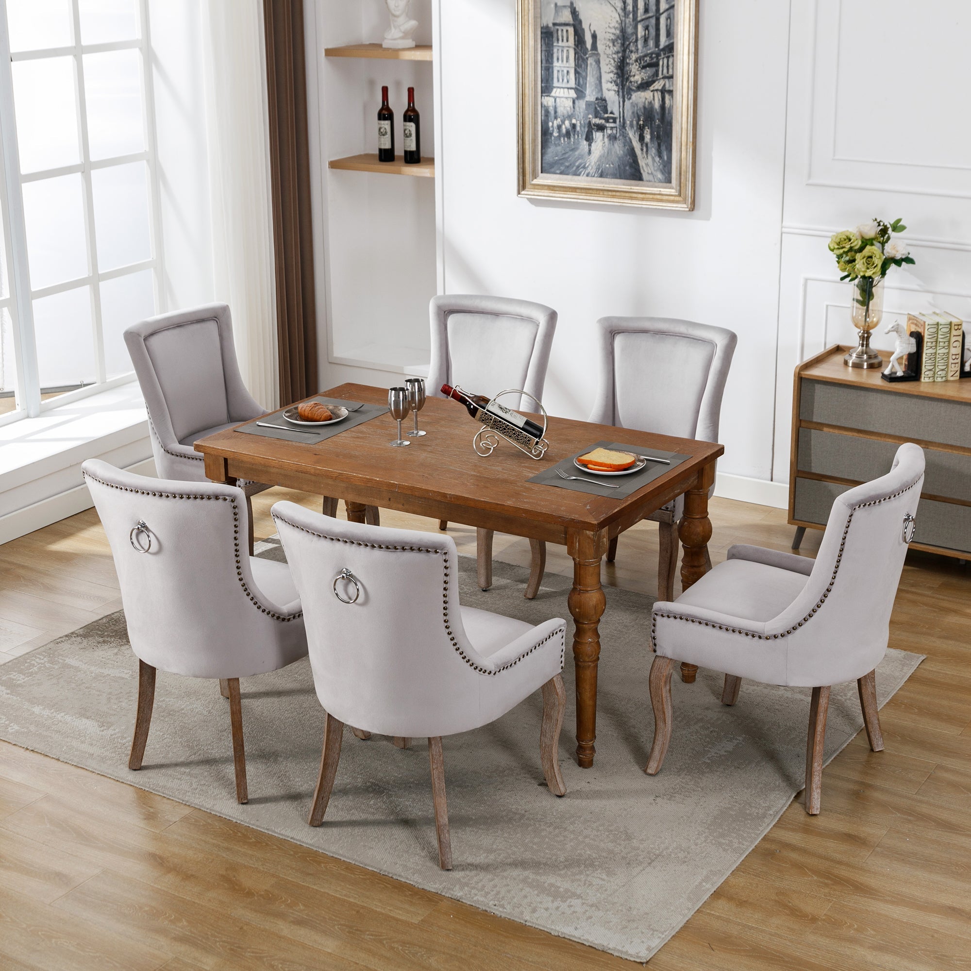 Logidon Luxury Dining Chair Gray Velvet Set of 4 Solid Wood Legs