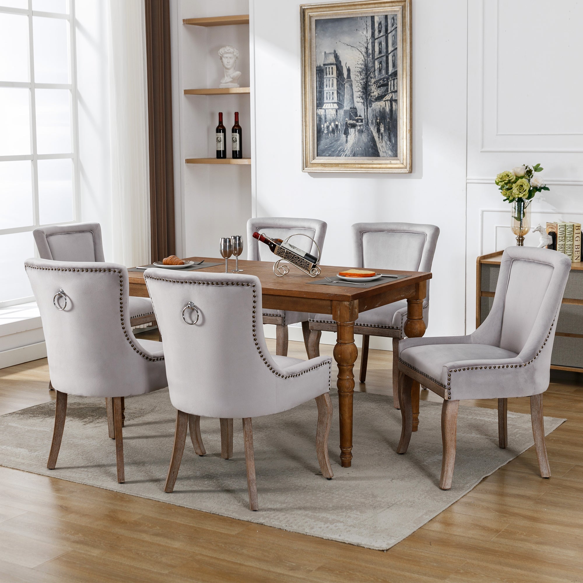 Logidon luxe eetkamerstoelenset vier grijze fluwelen stoelen met spijkerkop