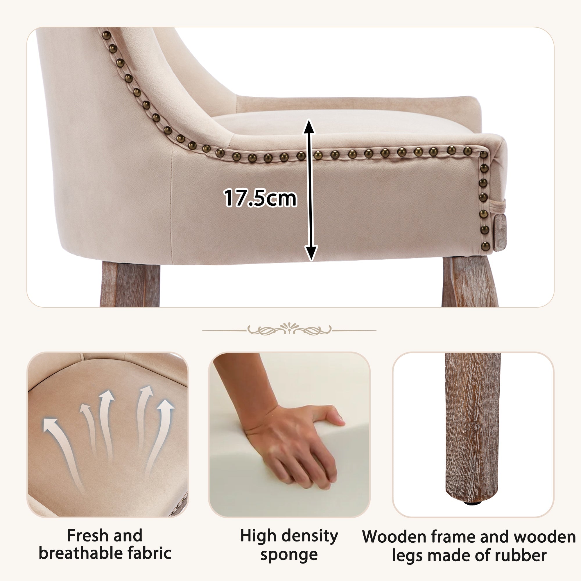 Logidon Luxe eetkamerstoel fluweelbeige spijkerkopafwerking set van 2