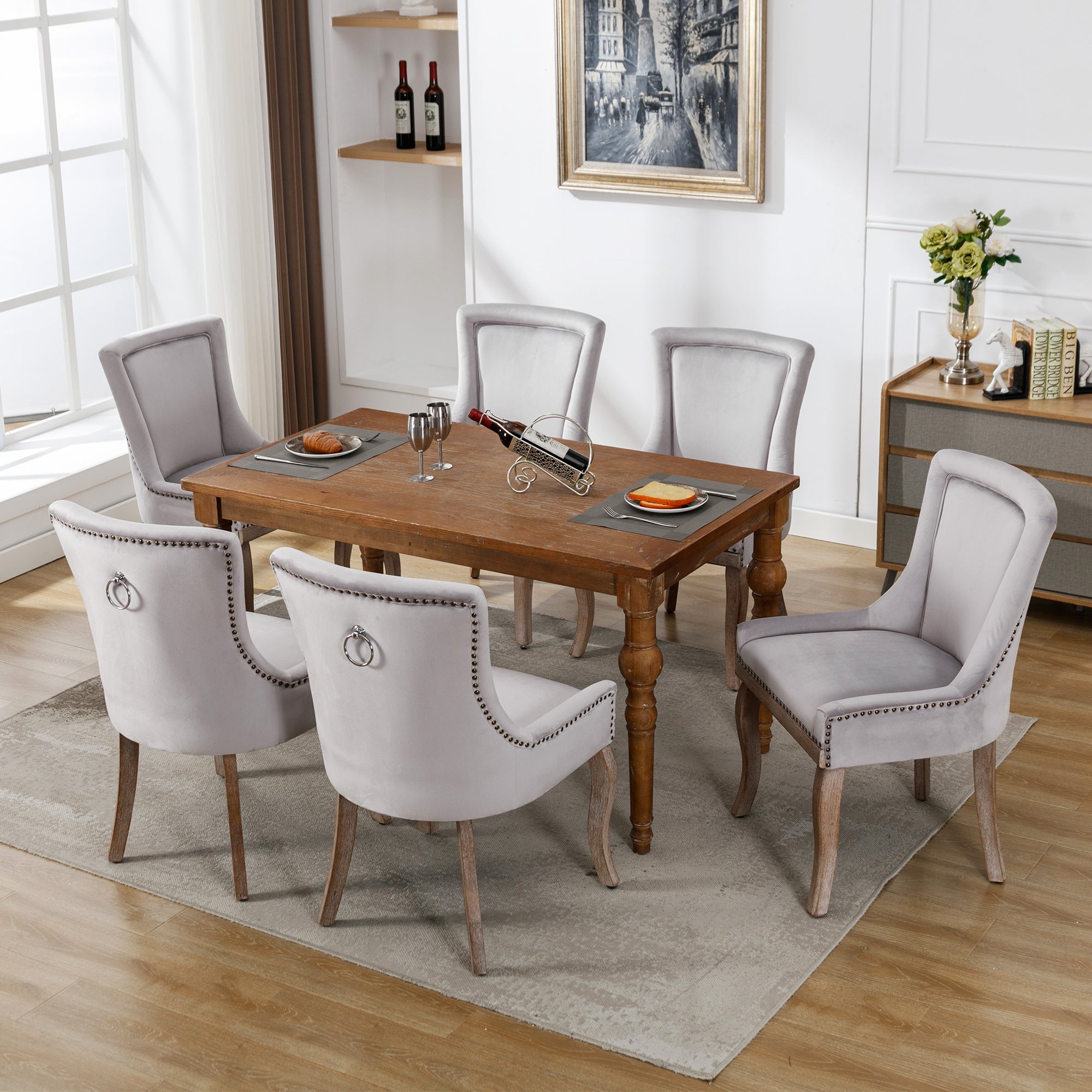 Logidon Luxury Dining Chair Gray Velvet Set of 4 Solid Wood Legs