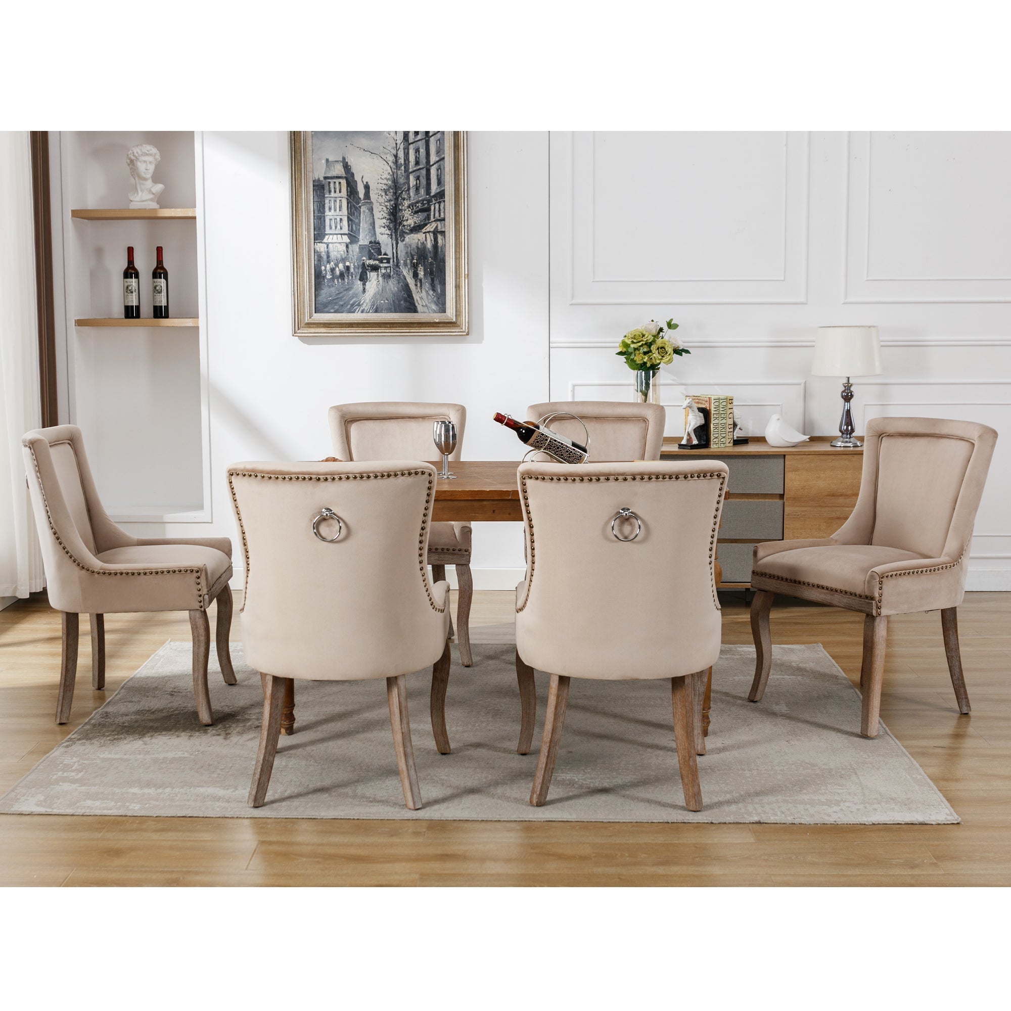 Logidon luxe fluwelen eetkamerstoelen set van 6 met beige spijkerkopafwerking