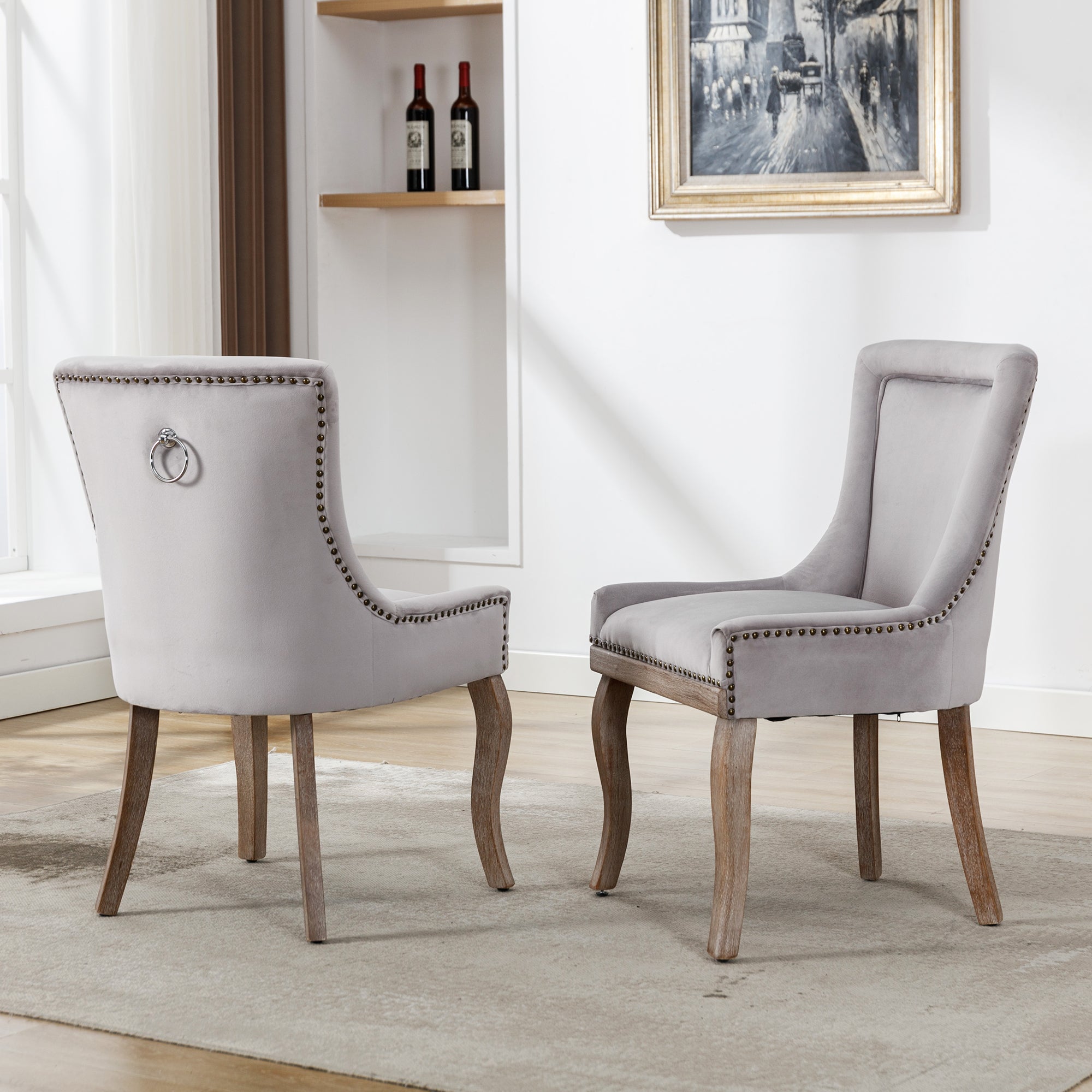 Logidon Luxury Velvet Dining Chair Gray Set of 2 Nail Head Trim