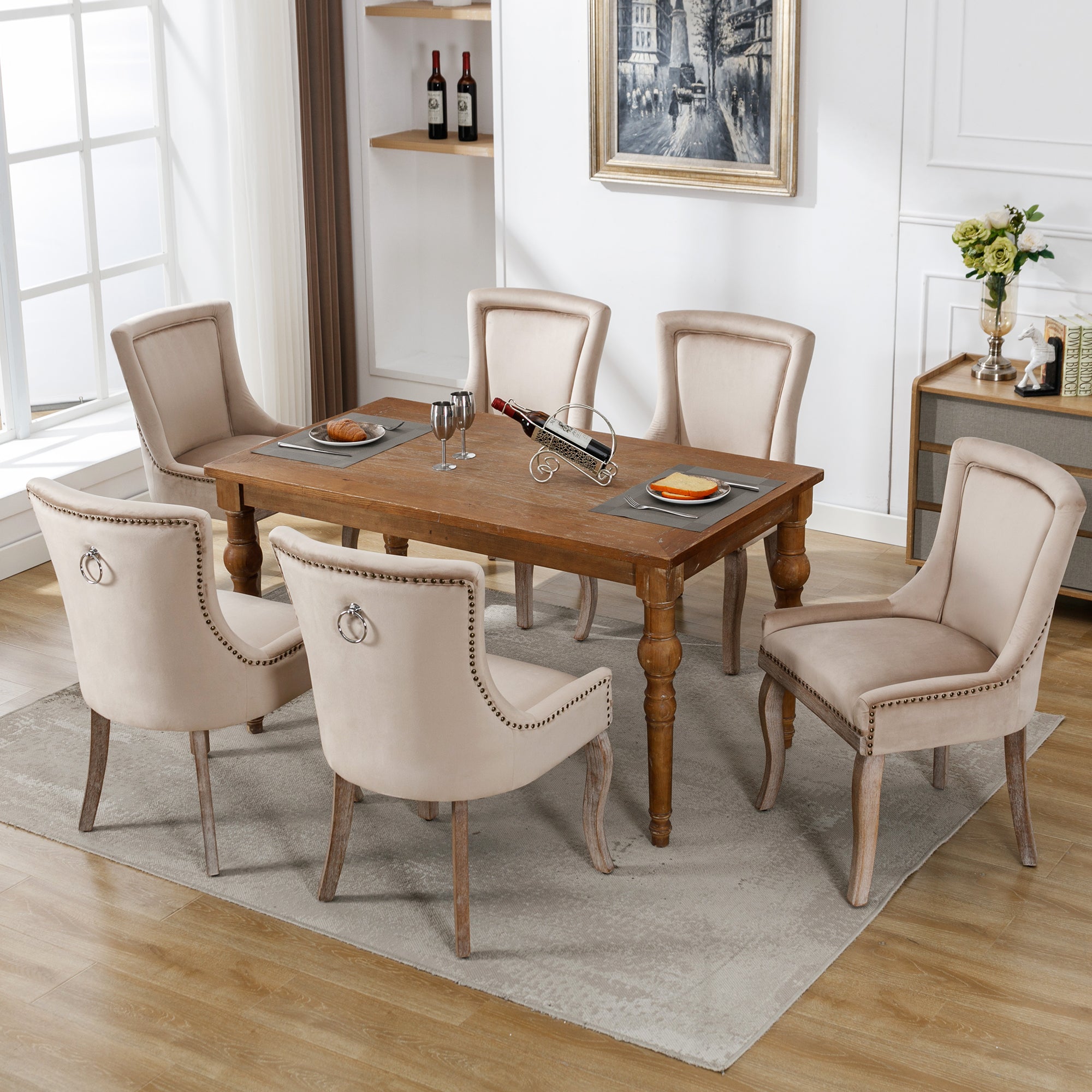 Logidon luxe fluwelen eetkamerstoelen set van 6 met beige spijkerkopafwerking