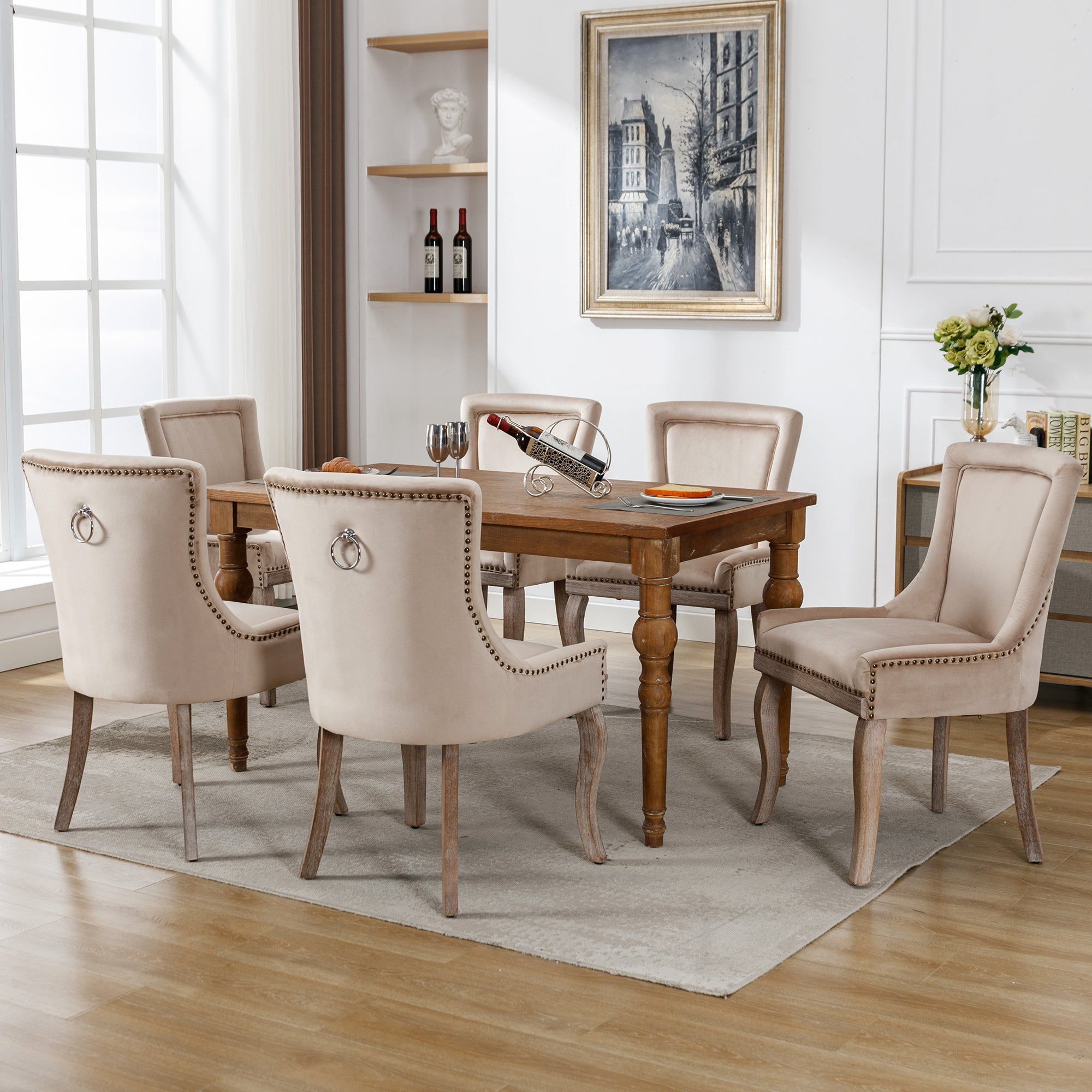 Logidon luxe fluwelen eetkamerstoelen set van 6 met beige spijkerkopafwerking