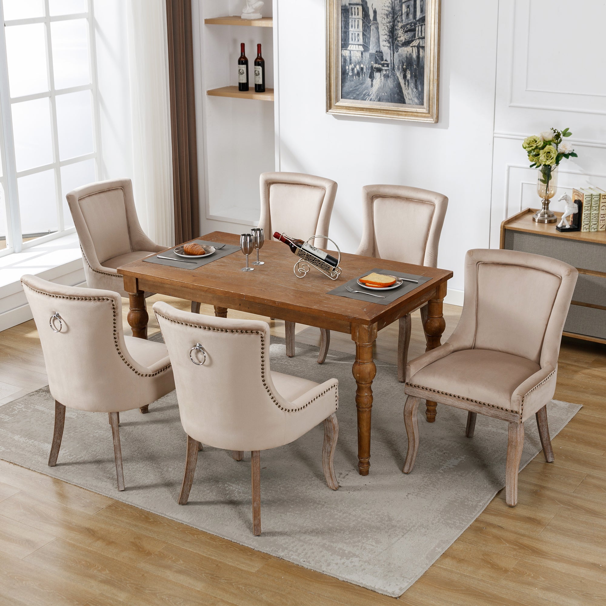 Logidon luxe fluwelen eetkamerstoelen set van 6 met beige spijkerkopafwerking