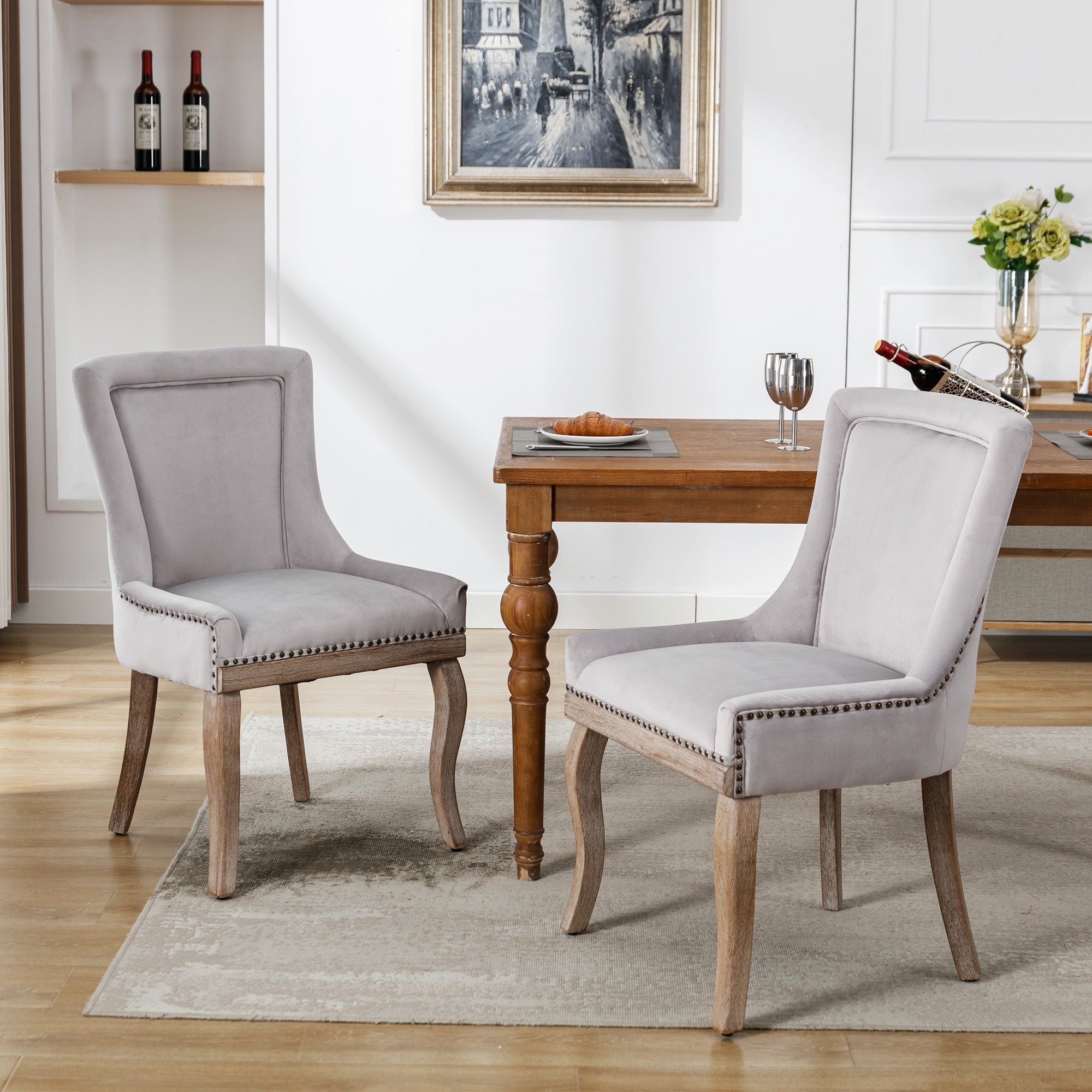 Logidon Luxury Velvet Dining Chair Gray Set of 2 Nail Head Trim