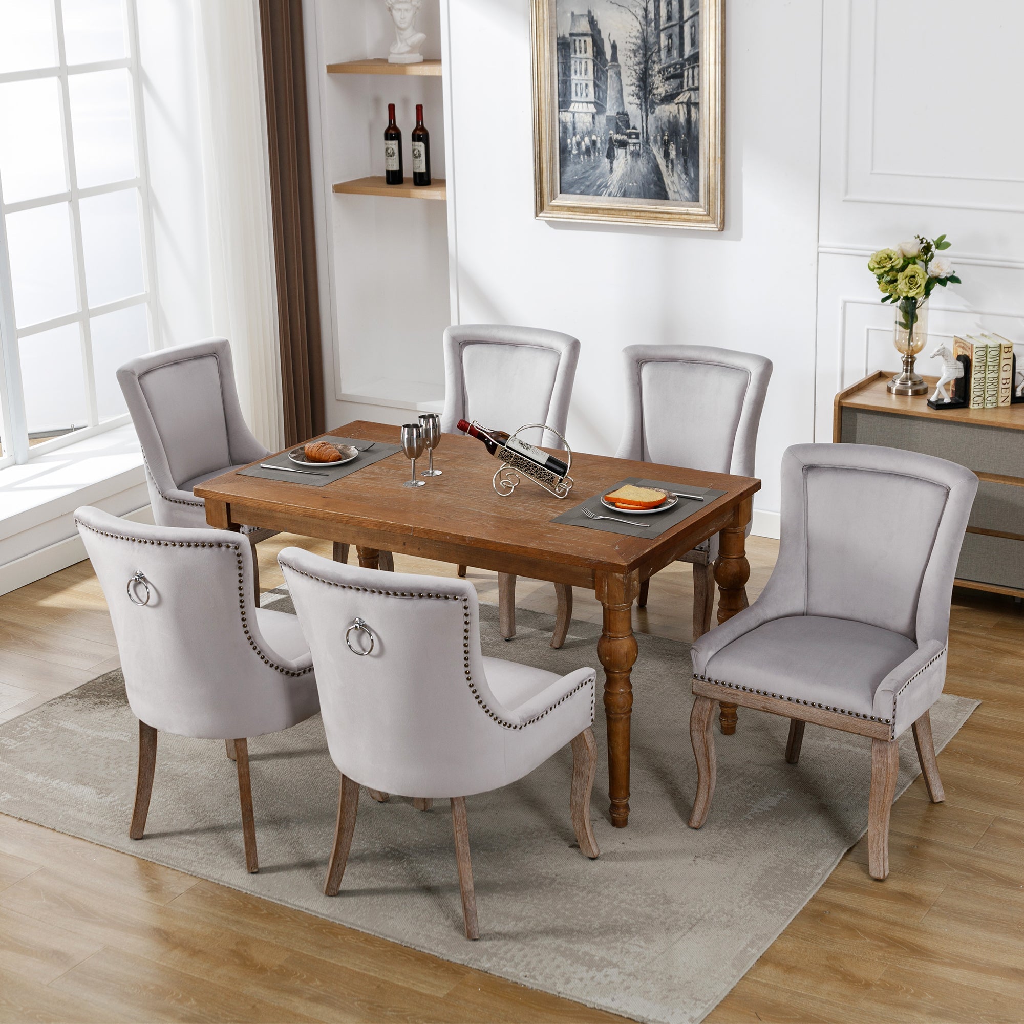 Logidon Luxury Dining Chair Gray Velvet Set of 4 Solid Wood Legs