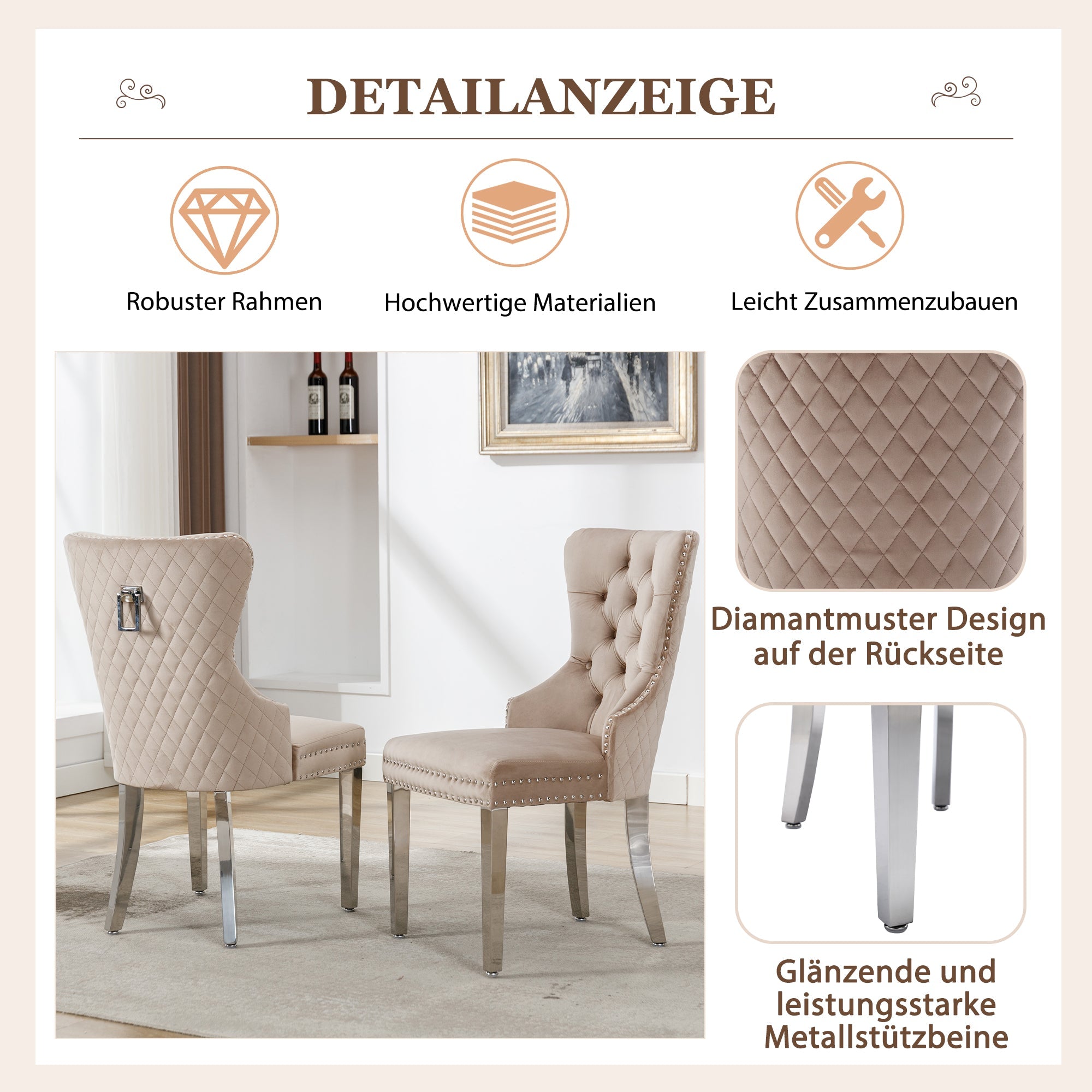 Logidon Eetkamerstoel Beige Fluweel Met Deurklopper Set van 4