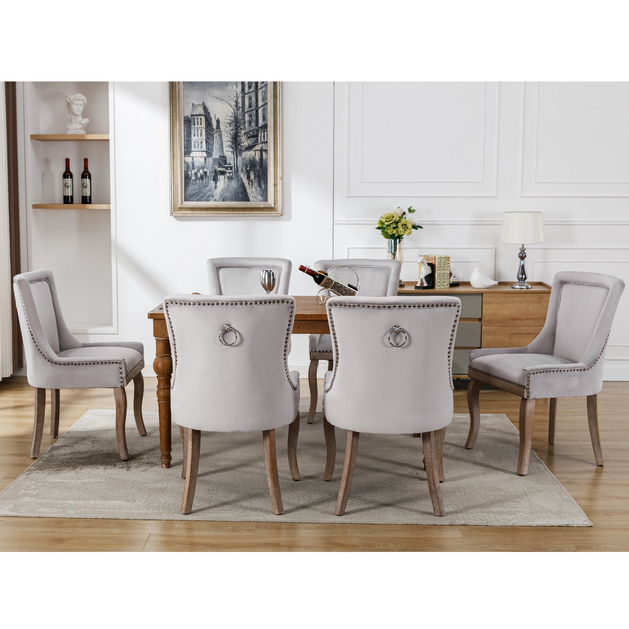Logidon Luxury Dining Chair Gray Velvet Set of 4 Solid Wood Legs