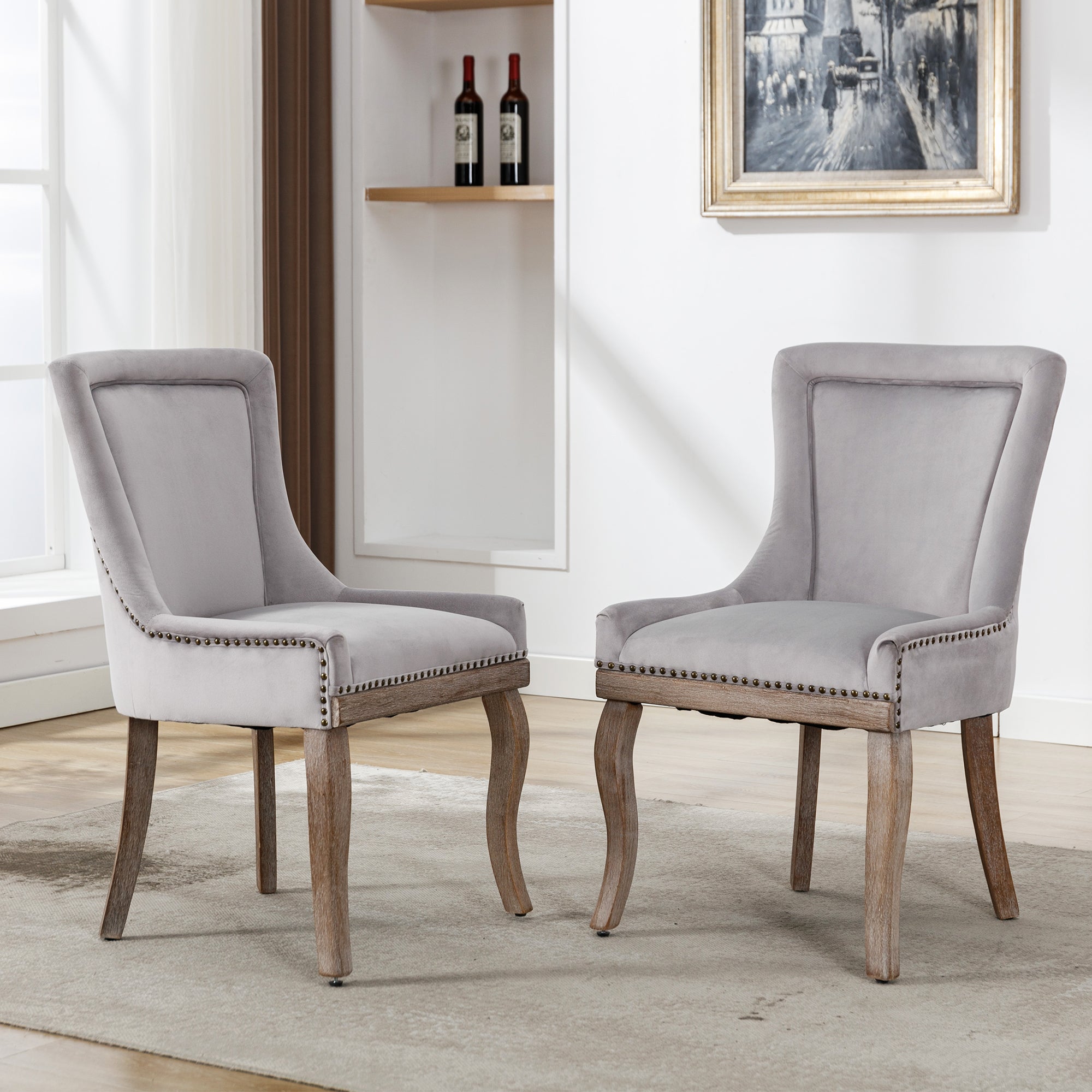 Logidon Luxury Velvet Dining Chair Gray Set of 2 Nail Head Trim