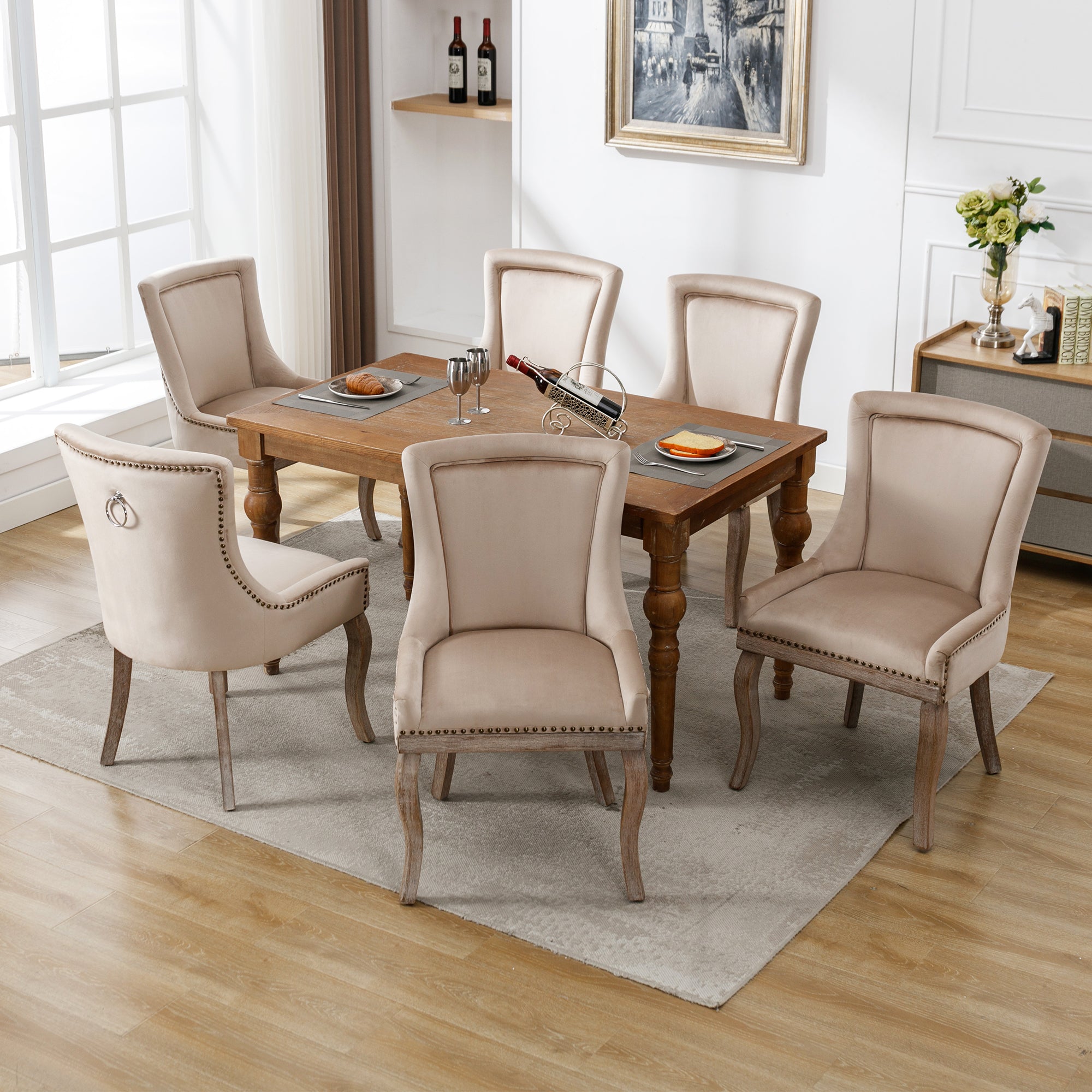 Logidon luxe fluwelen eetkamerstoelen set van 6 met beige spijkerkopafwerking