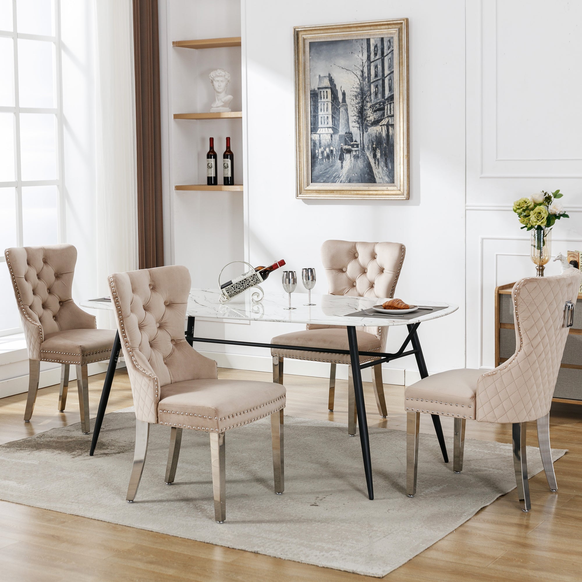 Logidon Eetkamerstoel Beige Fluweel Met Deurklopper Set van 4